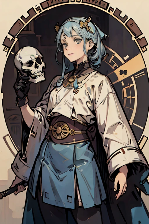 Drawing of the highest quality, extremely clear, the highest level of detail, Maximum attention to detail, fat slim young girl, black hair, half-turn, in a blue robe, embroidered with golden stars, stands in front of an old carved mahogany bureau, and make notes in old scrolls, behind him is an old telescope on a tripod, decorated with bronze., On the walls of the room made of rough grey stone are old engravings depicting constellations..