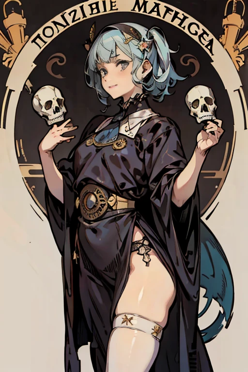 (masterpiece), (High resolution), (super delicate),,(Horror elements), high school girl uniform,Cute Core Clown、Skull Accessories、((Alphonse Mucha 1.5))light blue hair、
