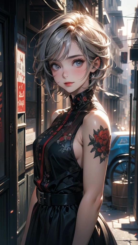 (Highly detailed CG unit 8k wallpaper, masterpiece, High resolution, highest quality), ((20 year old woman, Composition from head to stomach, upper body focus)), smile, detailed eyes, Nostalgic Fashion, Asymmetrical punk short hair:1.2, ash gray hair, A deserted back alley in Paris:1.3, cinematic lighting, anime style, digital painting, concept art,