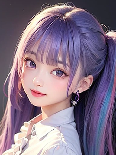 small face、 (alone:1.5,)Super detailed,bright colors, very beautiful detailed anime face and eyes, look straight,  shiny_skin,girl, (((rainbow colored hair, colorful hair, Half blue、Half purple hair: 1.2))), 、shiny hair, delicate beautiful face, blush、Glasses、(turquoise eyes), , Valletta, earrings,、flower garden、sunset、(（(Translucent shirt)))、（twin tails）、（smile、happy face、face dyed red）、cheerful pose、dynamic、Upper body