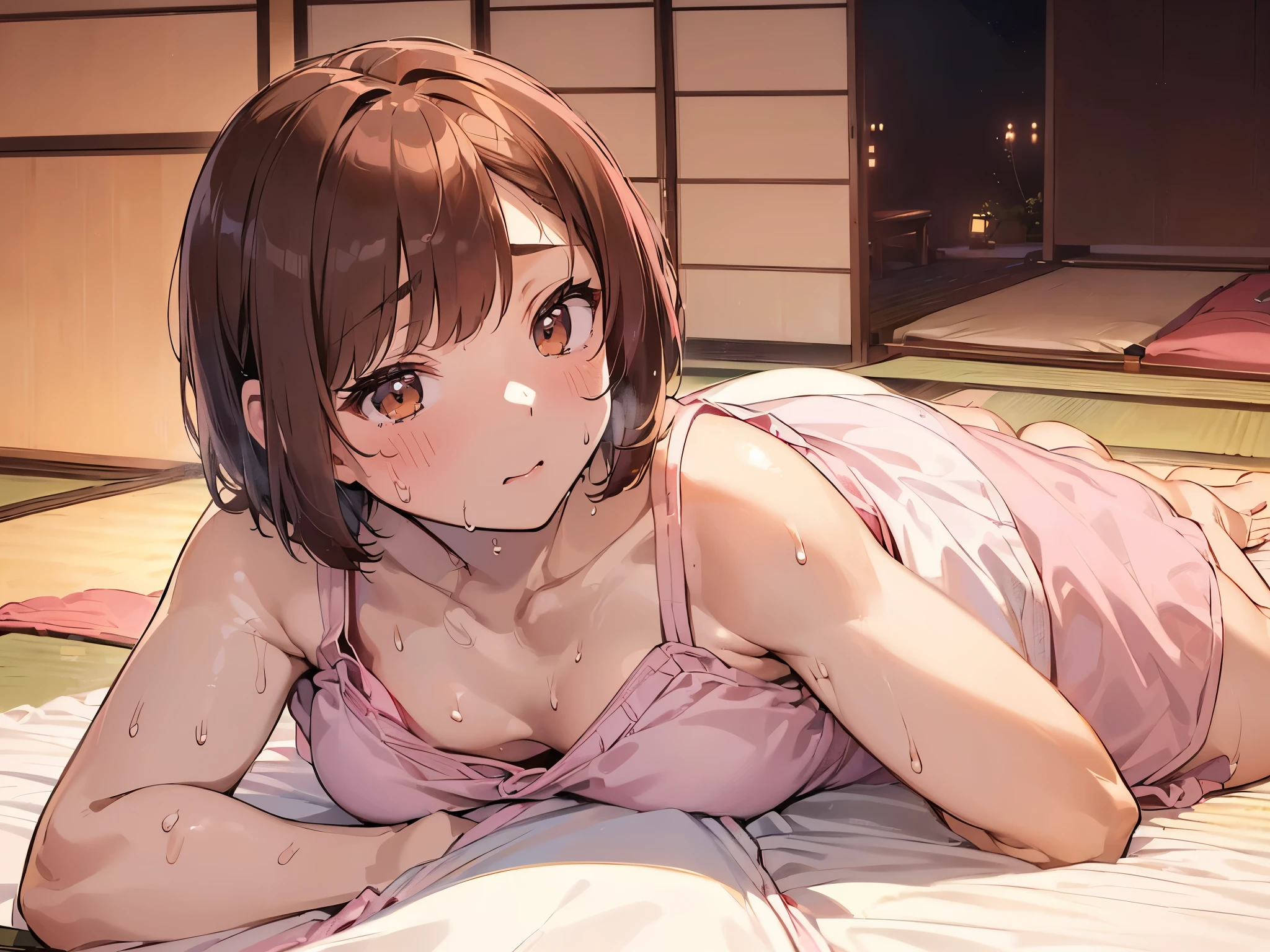 Close-up:1.3、(((Pink toweling massage wear:1.3)))、(((My chest is being rubbed:1.3、Sweat、look of confusion:1.3))),(((brown hair、fluffy wavy hair:1.3、bob cut、round eyes、brown eyes、beautiful woman:1.3、big chest、big butt)))、(((Pink massage outfit:1.3)))、(((Japanese-style room at a ryokan:1.3、tatami:1.3、night:1.3、Lying on a white futon:1.3、The sliding door is closed:1.3)))