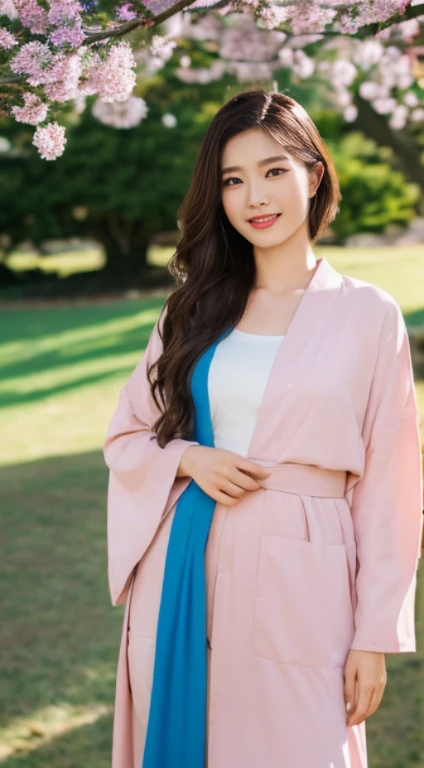 Cherry tree、Colorful kimono、open chest、I'm not wearing anything inside、full body shot、NiziUAYAKA、 4K、1people's women、slender、 Loose wavy styling 、seductive and attractive、Including face and skin texture.,detailed eyes、A soothing expression with a smile