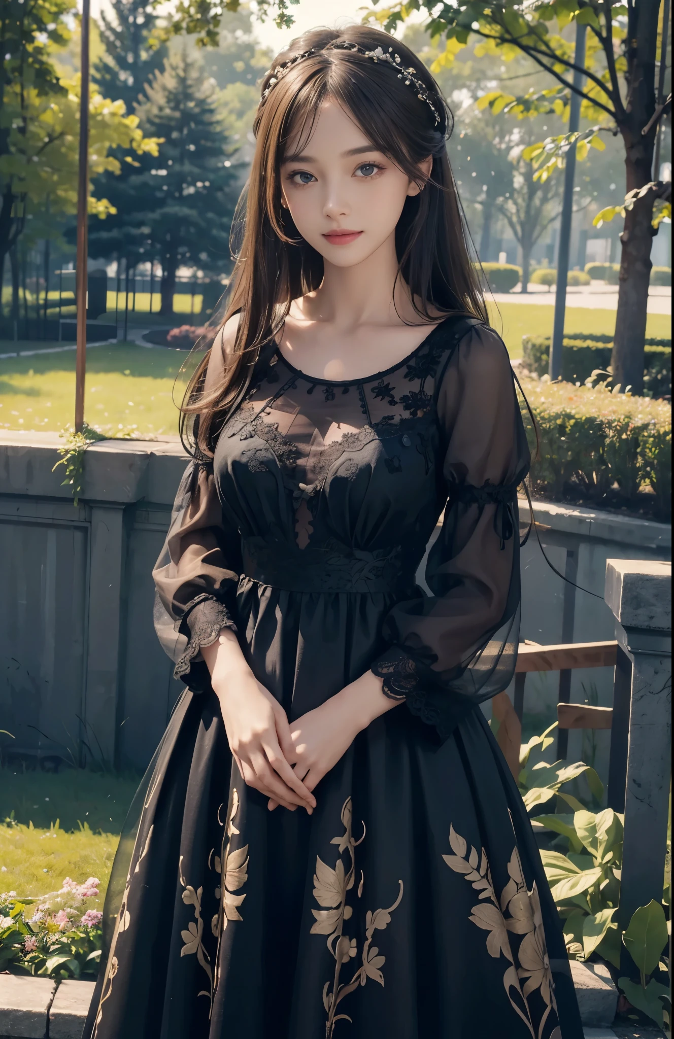 (ultra realistic) , (illustration), (increase resolution), (8K), (extremely detailed), (best illustration), (beautiful detailed eyes), (best quality), (ultra-detailed), (masterpiece), (wallpaper), (detailed face), solo,1 girl, looking at viewers, delicate details, detailed faces, in the dark, deep shadow, low key, pureerosfaceace_v1, happy smile, dark summer dress, full body, garden
