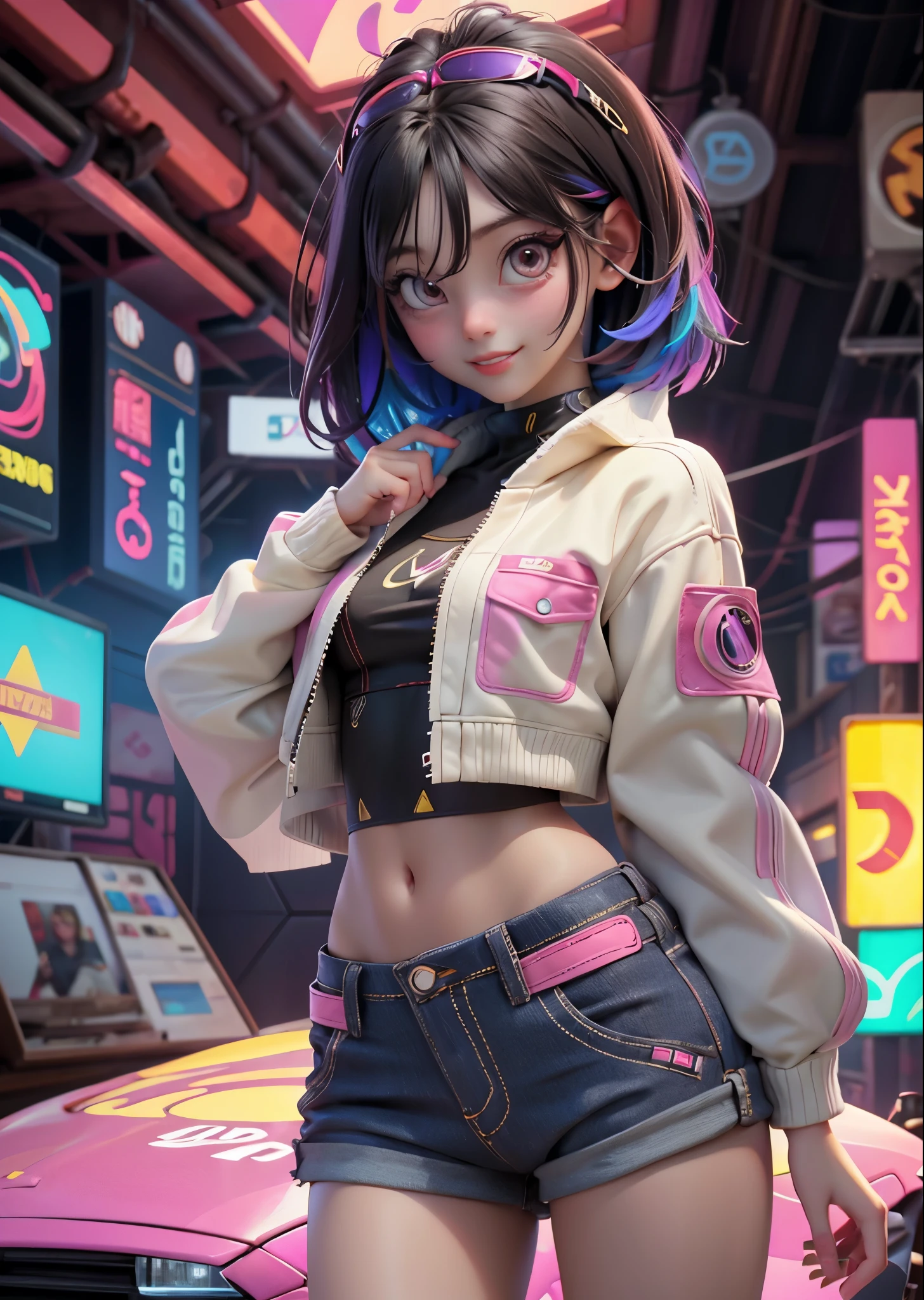 Psychedelic world、cyberpunk fashion、1 cute girl、smiling girl、Big eyes、small breasts、amber hair、colorful gel background、Fractal background、perfect lighting、sharp focus、High resolution、High resolution、High color rendering、High resolution、Super realistic、realistic 