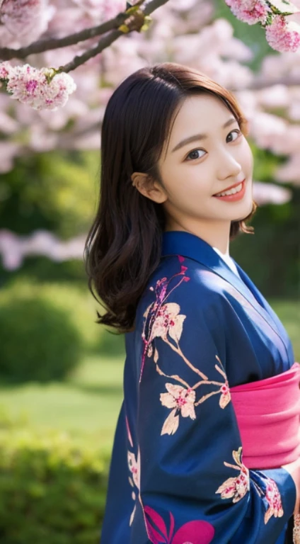 Cherry tree、Colorful kimono、open chest、I'm not wearing anything inside、full body shot、NiziUAYAKA、 4K、1people's women、slender、 Loose wavy styling 、seductive and attractive、Including face and skin texture.,detailed eyes、A soothing expression with a smile