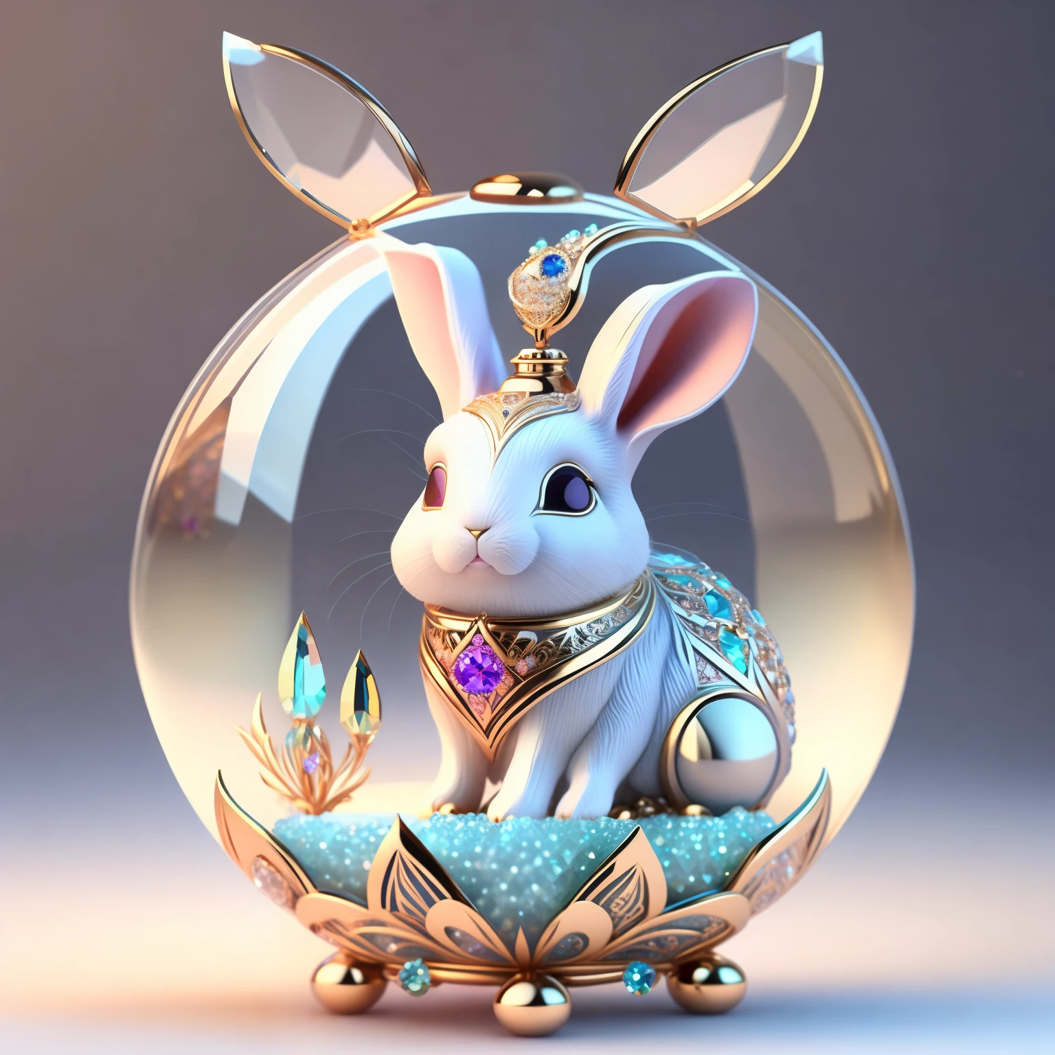 Cute crystal ball zodiac rabbit,Embellished with various jewelry pieces and low-poly eye designs, is a highly detailed and complex concept art piece using Artstation 8k quality.