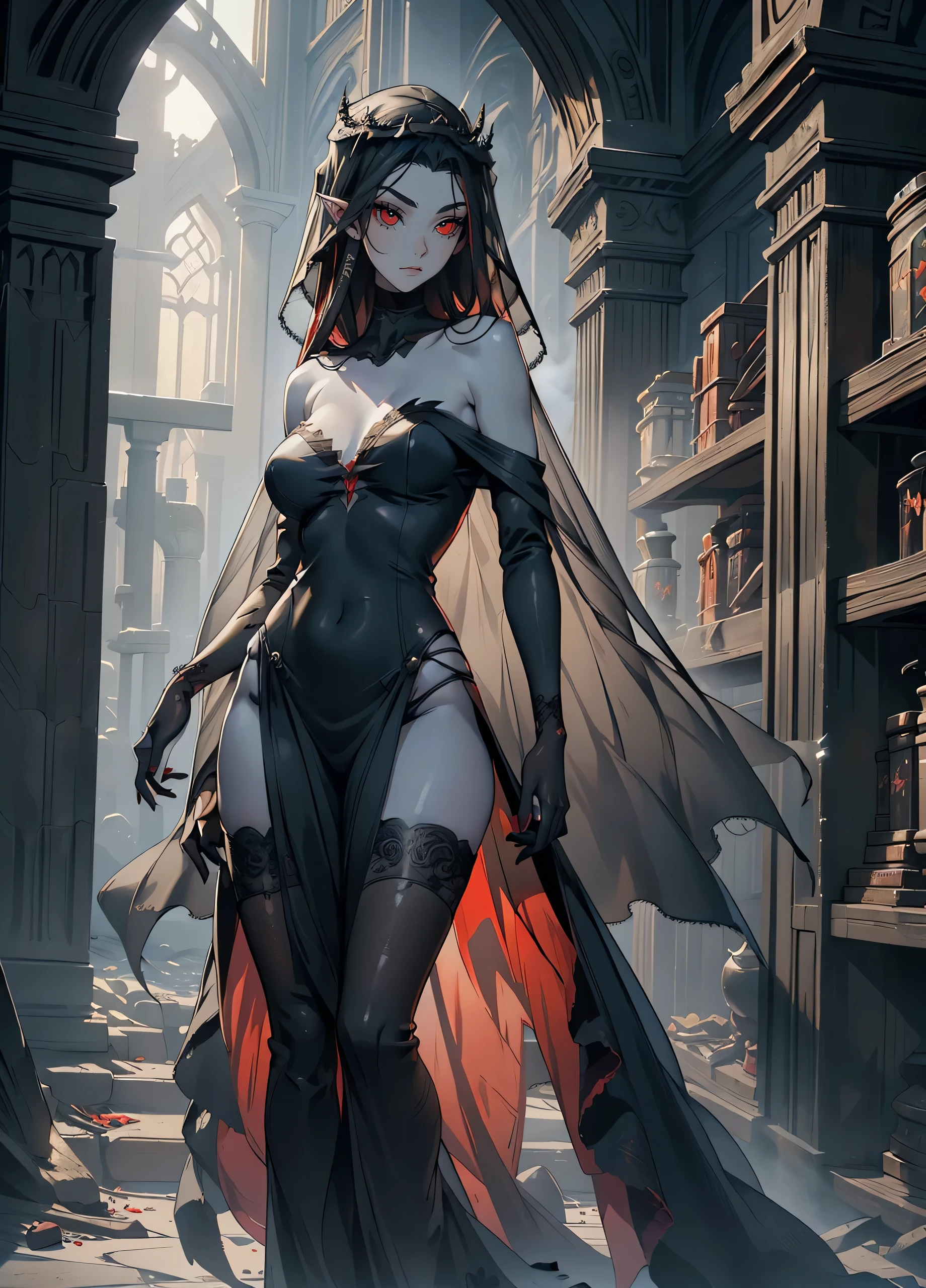 masterpiece, high quality, illustration, extremely detailed, 1_woman, ((full body)), (exotic skin_complexion:1.4), pale grey skin, mature, statuesque, tall, beautiful, exotic, with long elf ears, (looking away from the viewer), stoic expression, serious face, (((wearing black veil over face))), bare shoulders, wearing (diaphanous) robes, black choker, (thigh highs) with silver embroidery, (cameltoe), long fingerless leather gloves, tall black boots, medium breasts, black gothic dress, black hair, long hair, realistic and detailed face having (((red eyes)), glowing eyes, dark_eyeliner, long_eyelashes), natural dynamic lighting casts detailed shadows, mist, fog, destroy library, ruined library, old library, rubble, debris, night sky, stars, 