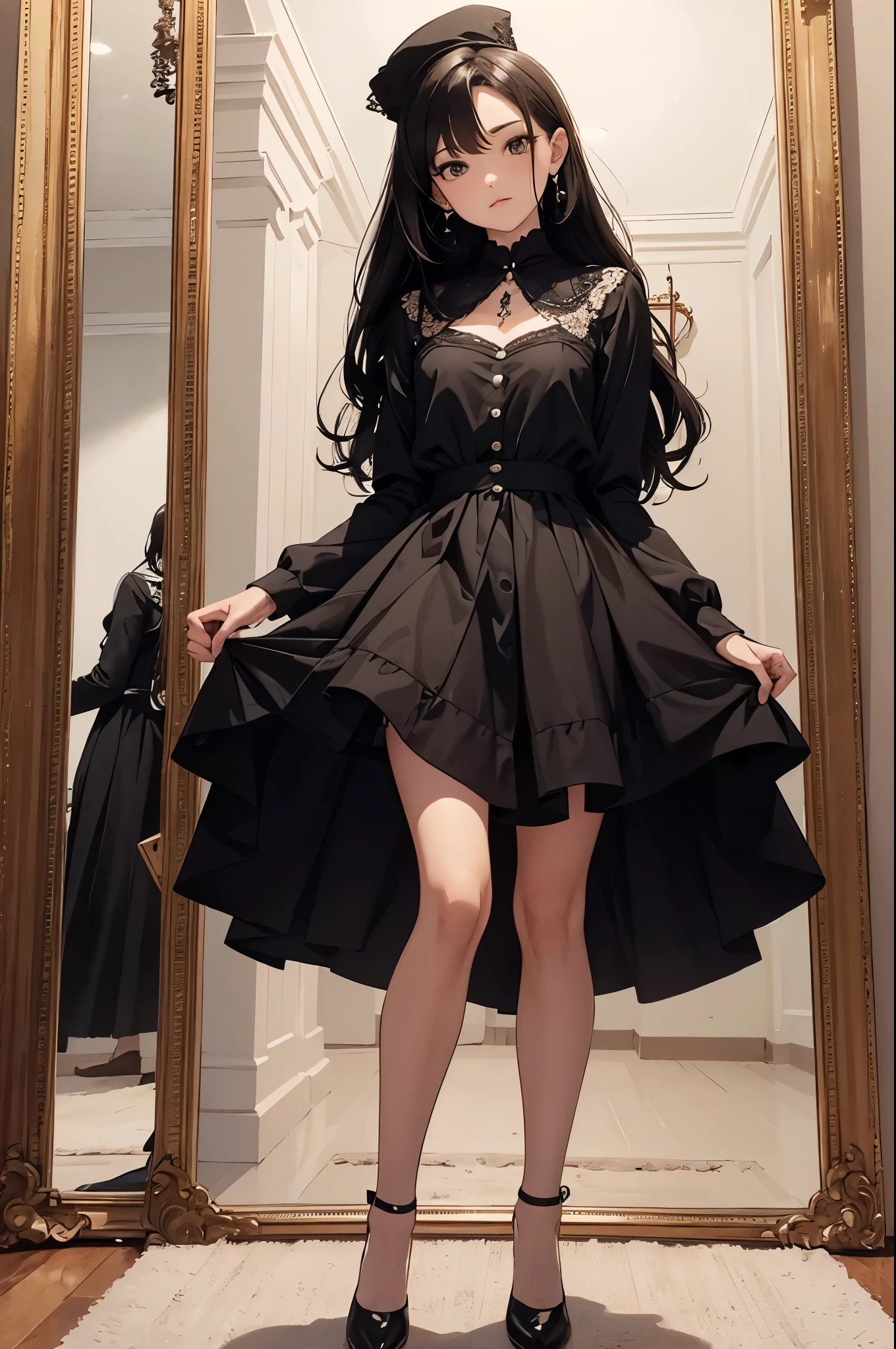 An 8-year-old girl wearing a long dress,in the enchanted forest,Long black hair,Full body photo,having fun,ssmile,Simple clothes,PIXAR style,ssmile。