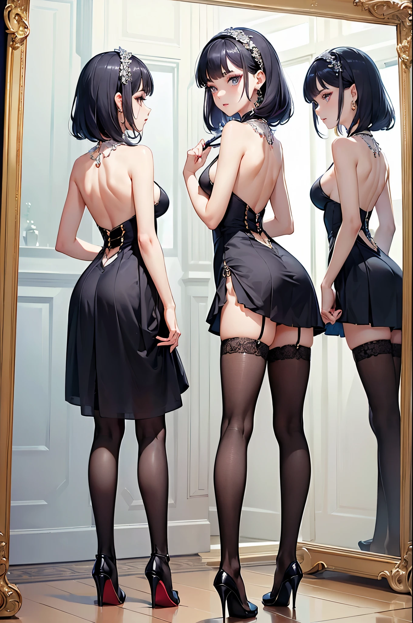 ((Biologically correct number of limbs))、4K、masterpiece、((focus on the face))、((Symmetrical facial features))、Eyes with detailed description、Beautiful woman、outstanding style、beautiful arms、beautiful legs、beautiful hands、(slender)、Detailed depiction of faces、small earrings、necklace、(uniform、skirt、high heels、stockings）、((Woman putting on makeup in front of a mirror、I see myself in the mirror、You can see the mirror through your back))