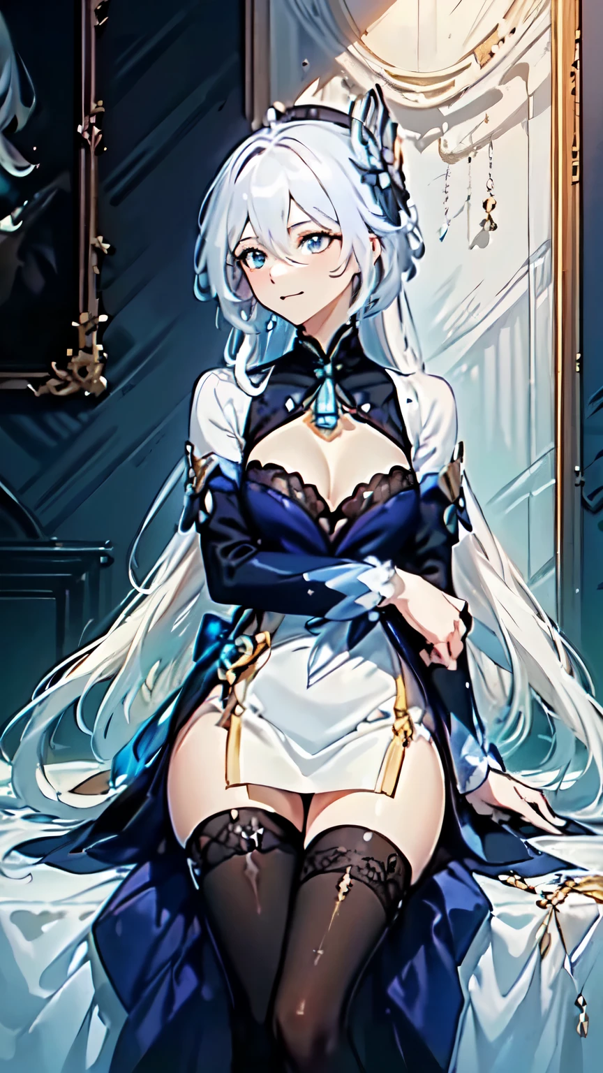 (White dress 2)(A sword made of water hangs above my head1.5)(Dancing on tiptoe1.5), Surrealism, 8K, Super details, hydraulic archon, Thick thighs, standing, melancholy face, smug, beautiful eyes, masterpiece, High resolution, 8K, anime woman, The writing is delicate and meticulous 、Detailed digital illustrations、(((Genshin Impact))、shiny hair、a very beautiful woman、High image quality, high quality、Detailed background、The inside of the eye sparkles like a diamond、(((White hair)))、(((Scan your bangs)))、Gradient pupils、(((2 arms、4 fingers, 1 thumb)))、Detailed female face、a very beautiful woman、、Detailed background、masterpiece、soft focus , Bright gradient watercolor , lens flare , (((flash))) , glow , fantastic ,、((Very beautiful light blue rose hair ornament)), Opera House Background