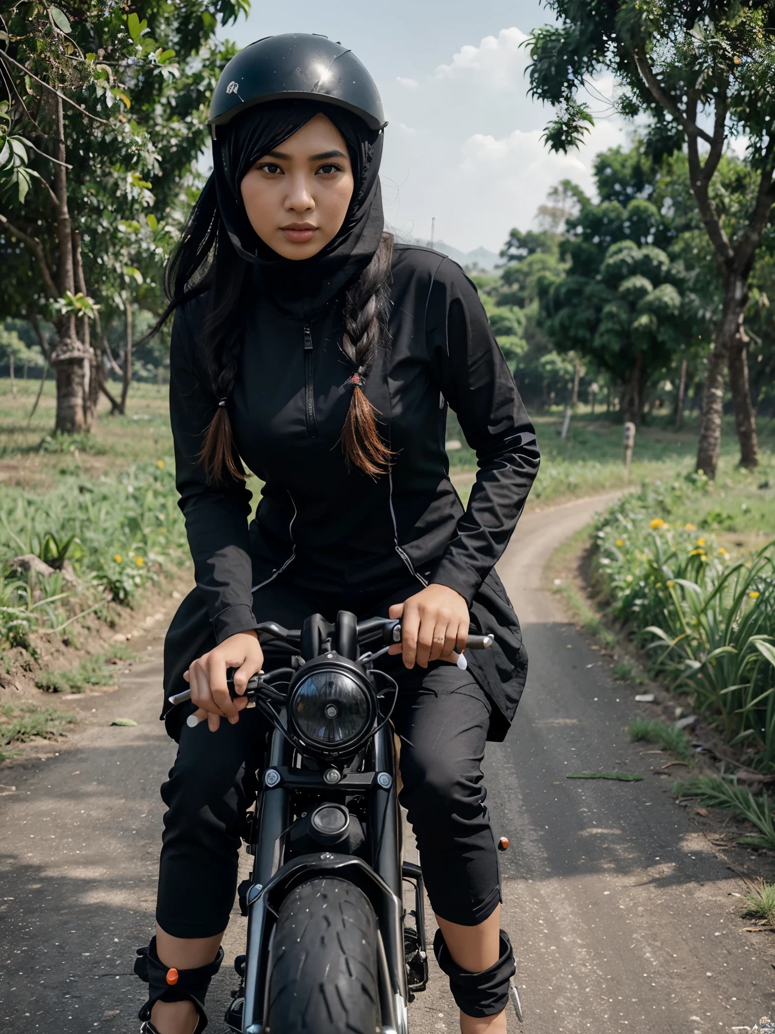 Beautiful women wearing hijabs using gaming headsets and men using sports motorbikes