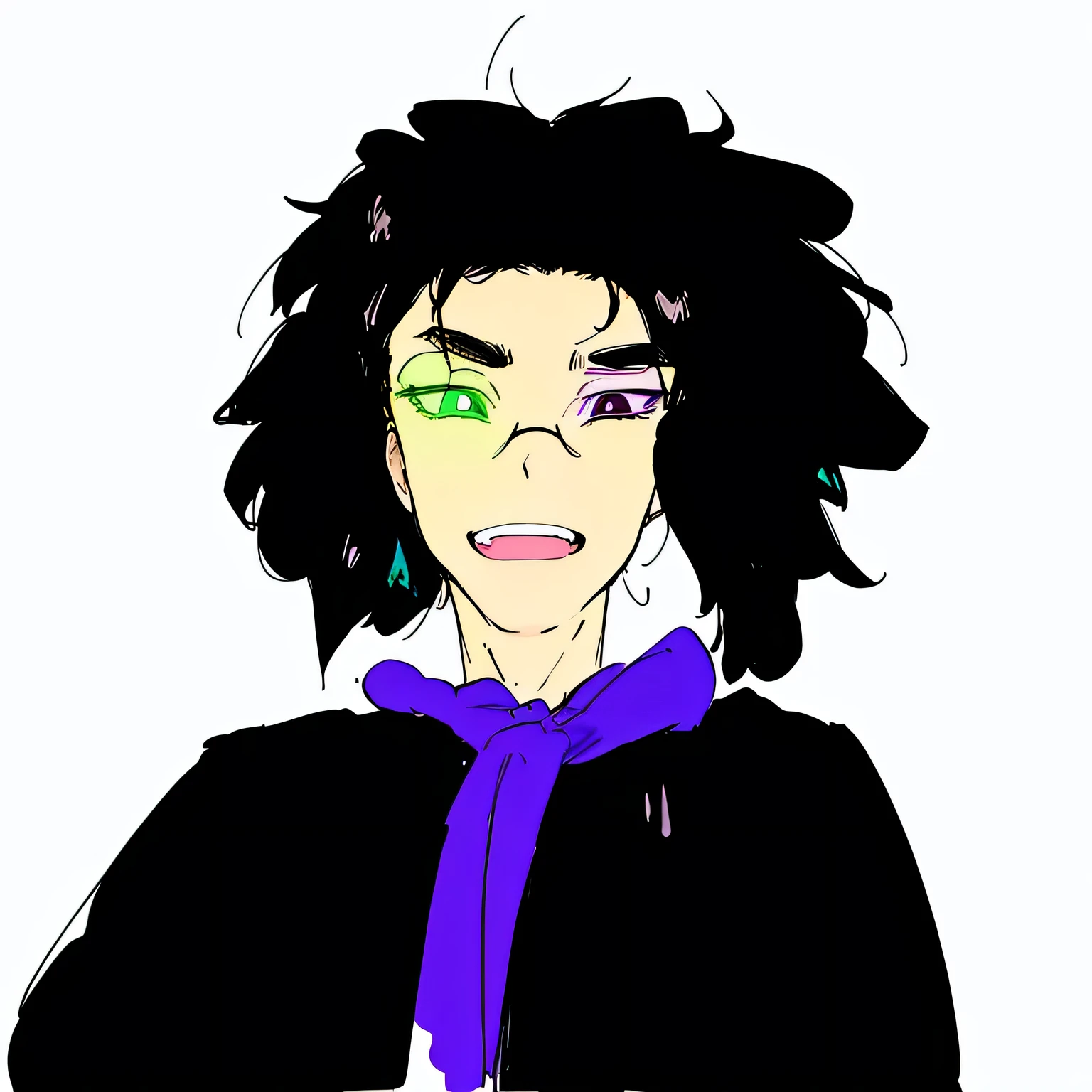 a drawing of a person with a dragon ball glases and a purple tie, prince in pastel!!!!, drawn in microsoft paint, inspired by Syd Barrett, art in the style of joshy sly, portrait of destiny from sandman, with glowing black eyes, inspired by Malcolm Morley, 1 7 - year - old anime goth boy, lucio as a woman, black jacket, 