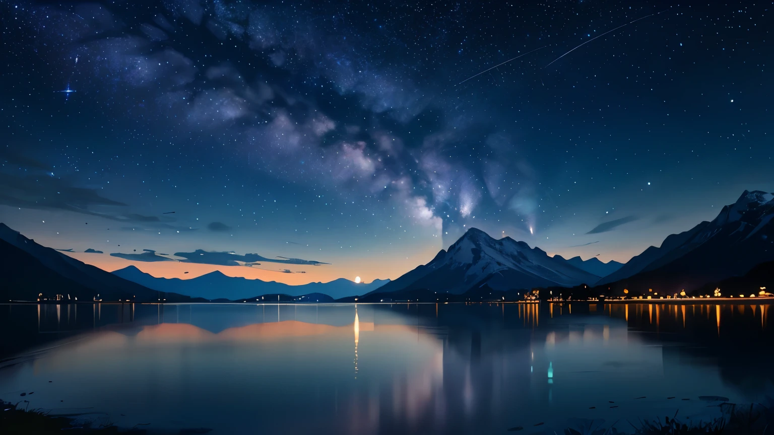 Starry sky　Mare　Stars reflected on the lake　The big moon behind the mountain　The moon is reflected on the surface of the lake