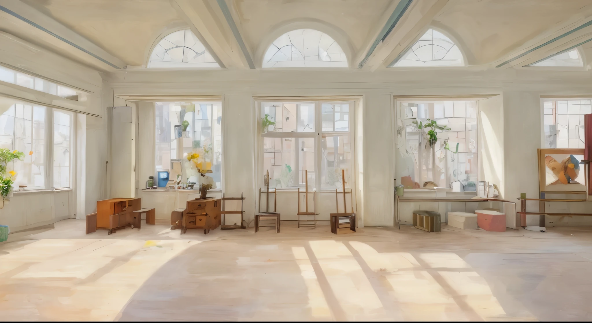 An untidy atelier, easel, artwork, paintings, colors, , loft atelier, untidy, paint pots, brushes, flowers, plants, sun light coming from left, artstyle impressionism