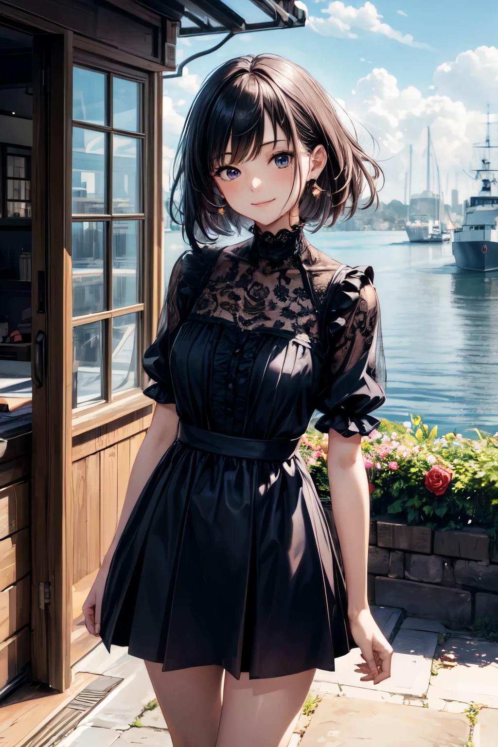 very cute and beautiful girl,(highly detailed beautiful face and eyes),(smile:1.2),cowboy shot,
navy blue frilled dress,standing,(detailed legs,mini skirt:0.9),
black hair,(rose garden),navy harbor,warships in distance,
(best quality,masterpiece:1.0),absurdres,highres,ultra-detailed,extremely detailed,32k,8k resolution,
intricate details,cinematic scene,detailed background,solo,dynamic angle,
solo,natural lighting,hair fluttering in the wind,beautiful detailed sky,