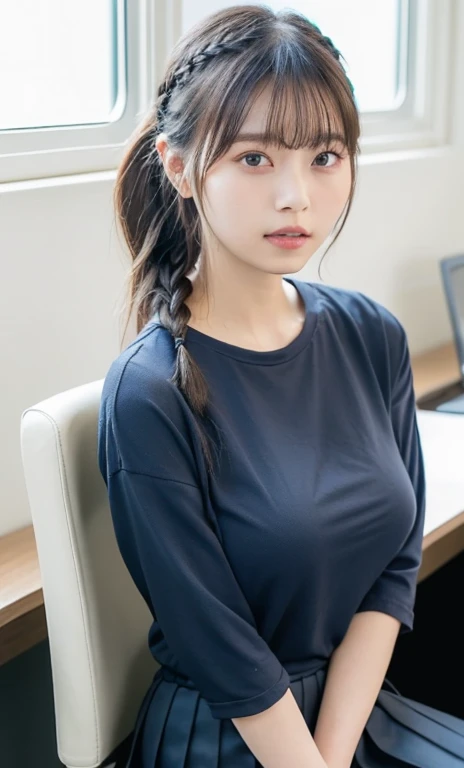 masterpiece、highest quality、16K、soft light、professional lighting、Pale shading、Weak contrast、Japanese、beautiful girl、daytime office、Window seat、sitting in front of the computer、Navy blue tightVneckTshirt、Bra shows through、navy pleated skirt、smooth and beautiful thighs、(big breasts:1.3)、Faint cleavage、fine and beautiful eyes、cute hanging eyes、gentle smile、(flower hair ornament,Braided top knot,Twisted side part ponytail braided headband,half up、Braided Space Van,voluminous fishtail braid,Twisted pan),(The bangs are see-through bangs)、
