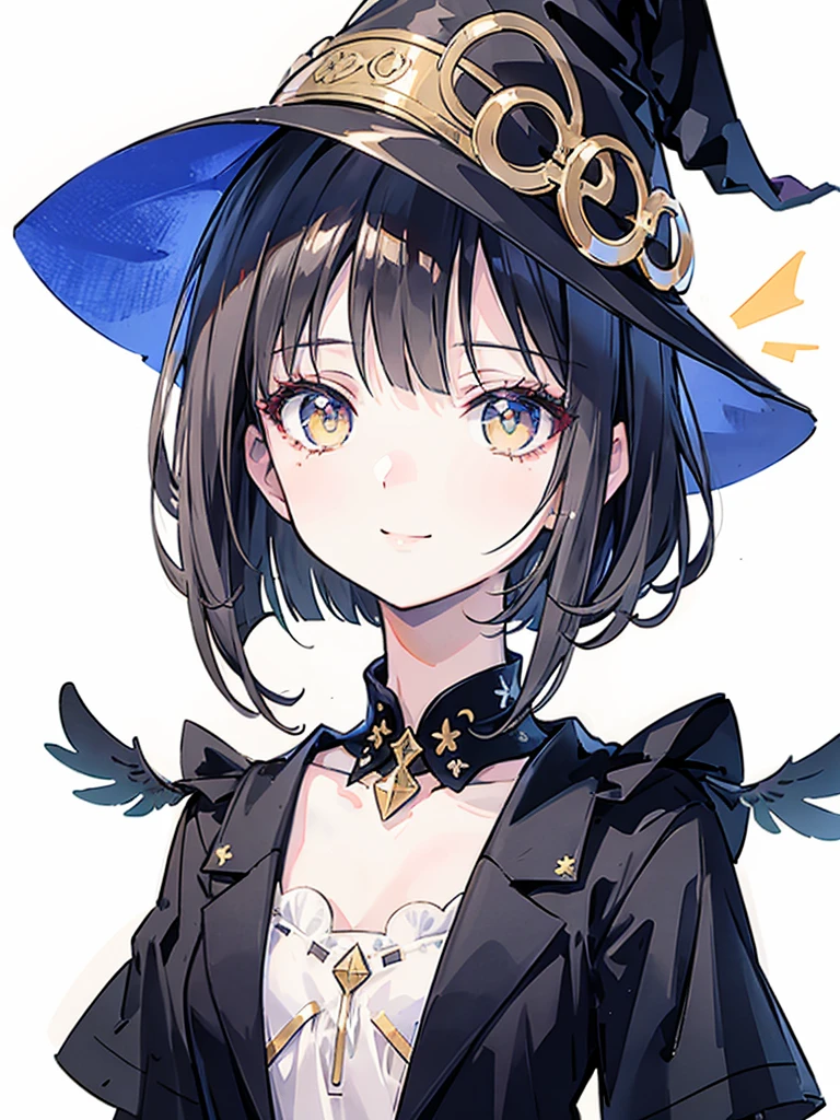 Witch's outfit, Anime-style portrait of a teen-ager girl with a deep violet bob cut, (Golden eyes), bright eyes, detailed eyes, eye contact with the camera, subtle smile, minimalistic background to emphasize character, high contrast, clean lines, digital painting, vivid colors