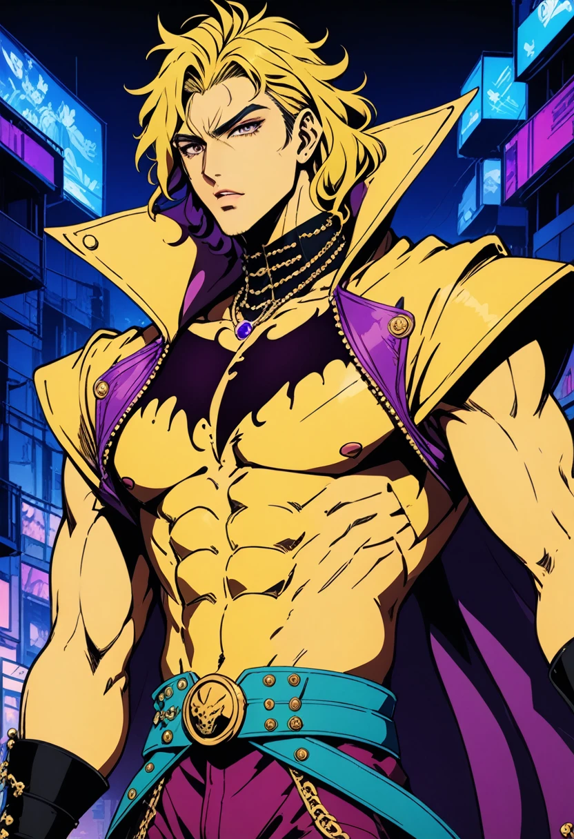1boy, Dio Brando, JoJo's Bizarre Adventure, A charismatic and manipulative villain who becomes a powerful vampire, constantly clashing with the Joestar family across multiple generations, (masterpiece), (best quality), (ultra-detailed), very aesthetic, illustration, disheveled hair, perfect composition, moist skin, intricate details, anime artwork, anime style, key visual, vibrant, studio anime, highly detailed, Anime line art, lineart, line art, flat colors, flat color