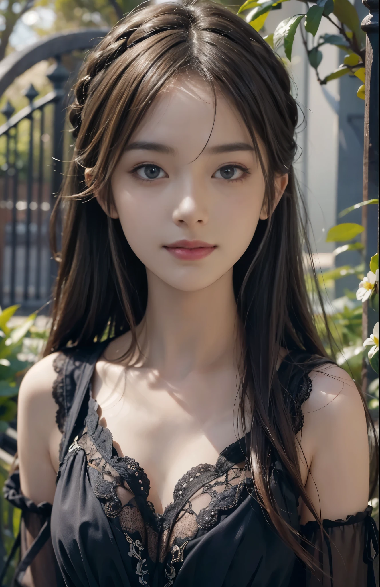 (ultra realistic) , (illustration), (increase resolution), (8K), (extremely detailed), (best illustration), (beautiful detailed eyes), (best quality), (ultra-detailed), (masterpiece), (wallpaper), (detailed face), solo,1 girl, looking at viewers, delicate details, detailed faces, in the dark, deep shadow, low key, pureerosfaceace_v1, happy smile, dark summer dress, full body, garden