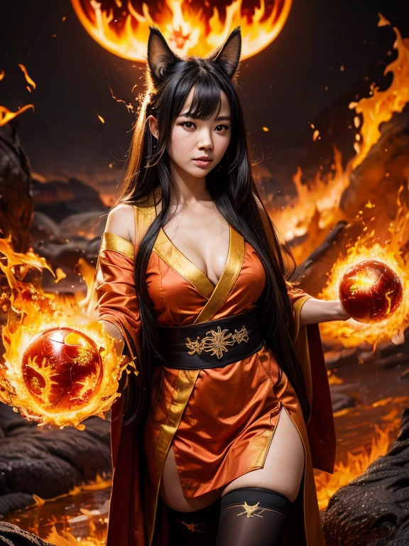 (photo realistic:1.4), (hyper realistic:1.4), (realistic:1.3), (masterpiece, top quality, best quality, official art, beautiful and aesthetic:1.2),(1girl),extreme detailed,solo,black hair,long hair,bangs,((medium breasts)),cleavage,((((hanfu)))),(((black_thighhighs))),absurdres,wallpaper,colorful,full_shot,looking_at_viewer,((((flame)))),((((burning)))),panorama,foreshortening,Cinematic Lighting,fantasy,gradient_background,(magic circles),red background,fox ears,fox tail,((a flame in hand)),((((abstract_background)))),(((lava))),(((magma))),((((fireball)))),standing,