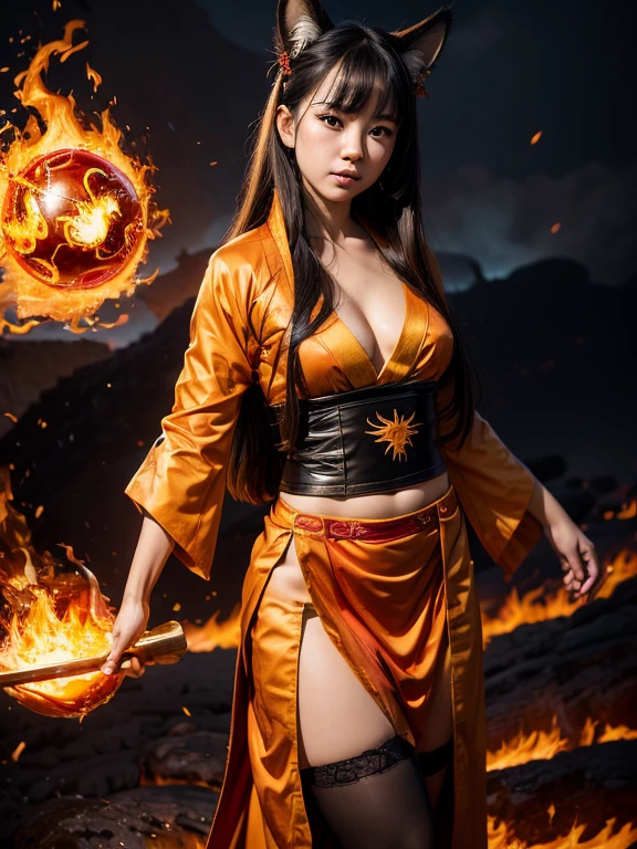 (photo realistic:1.4), (hyper realistic:1.4), (realistic:1.3), (masterpiece, top quality, best quality, official art, beautiful and aesthetic:1.2),(1girl),extreme detailed,solo,black hair,long hair,bangs,((medium breasts)),cleavage,((((hanfu)))),(((black_thighhighs))),absurdres,wallpaper,colorful,full_shot,looking_at_viewer,((((flame)))),((((burning)))),panorama,foreshortening,Cinematic Lighting,fantasy,gradient_background,(magic circles),red background,fox ears,fox tail,((a flame in hand)),((((abstract_background)))),(((lava))),(((magma))),((((fireball)))),standing,