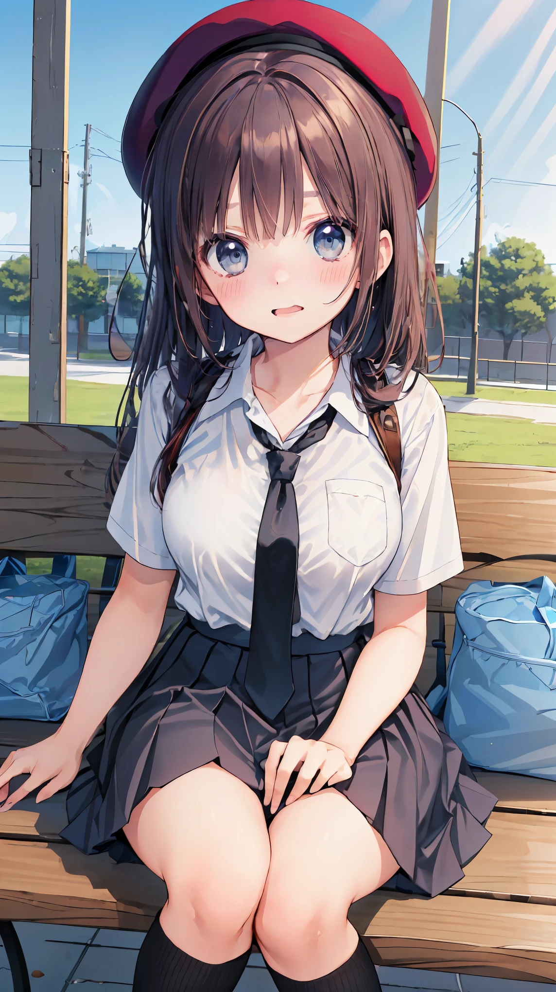 (masterpiece, best_quality), extremely_detailed_CG, woman posing for a photo, shy smile, Happy, long hair, straight hair, fine skin, beautiful hands, beautiful fingers, Wearing a beret, tie, short sleeve blouse, pleated skirt, thighs, Absolute area, knee socks, during the day, hot summer day, School, schoolyard, sitting on the bench, Canned juiceを持っている, Natural light, detailed face:1.2, sharp focus, Hasselblad Photos, masterpiece, light makeup, cinematic lighting, 4k, highest quality, sharpness, anime style, whole body, Canned juice, 