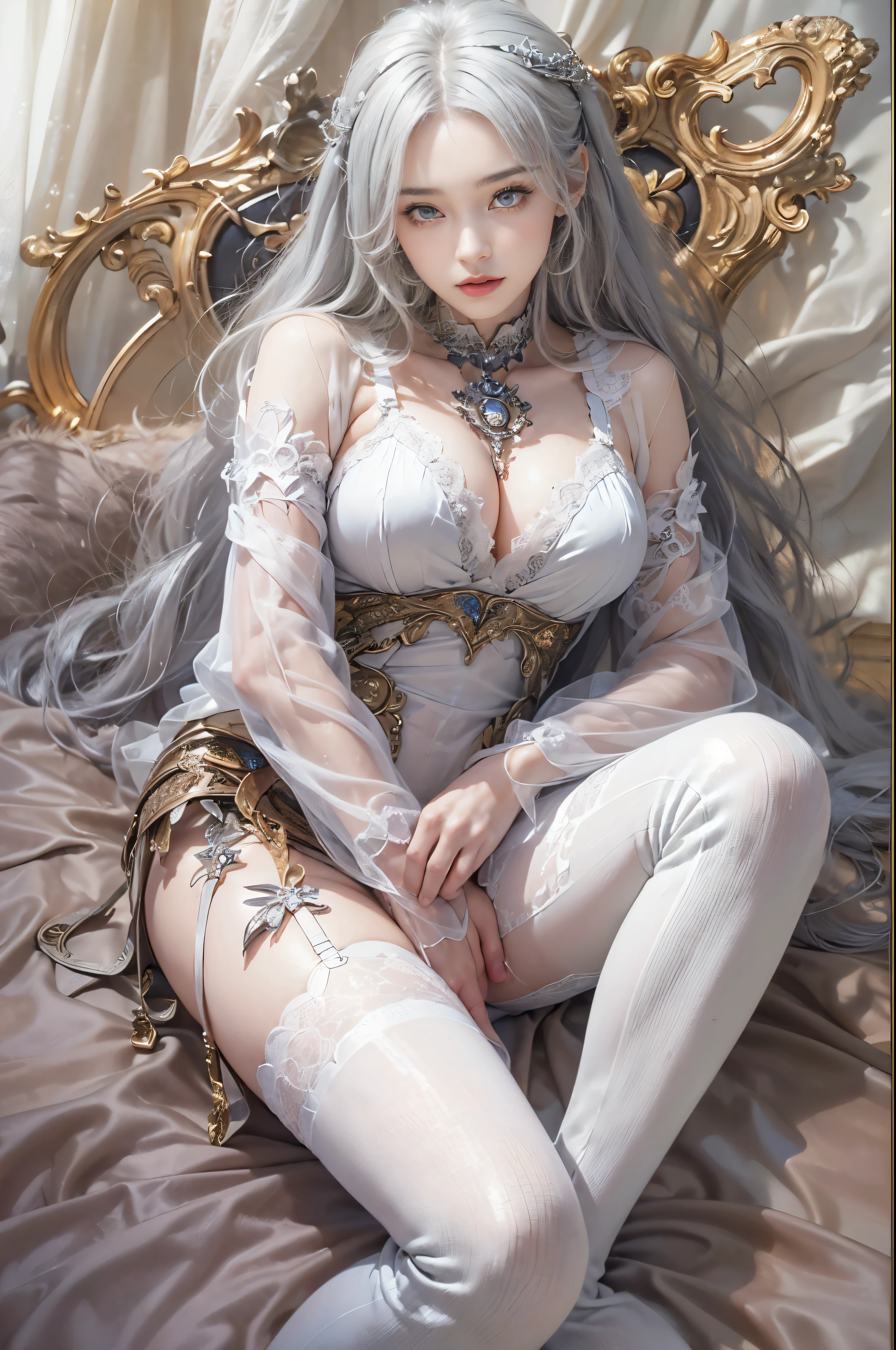 ((master piece:1.4)、(highest quality:1.4)、(realistic:1.7))、Written by Luis Royo(Written by Luis Royo)Surreal portrait of a beautiful girl、超beautiful girl、((1 girl:1.4))、Radiant natural skin texture、author:Written by Luis Royo(Written by Luis Royo)、19 years old、(upper arm:1.4、two legs:1.4)、(perfect anatomy:1.4)、(perfect female body:1.4)、girl portrait photography、close up photo、Full body shot、((table top:1.4), (highest qualityの:1.4), (realistic:1.7), Written by Luis Royo, beautiful girl, 超beautiful girl, ((1 girl:1. 4), Radiant natural skin texture, author: Written by Luis Royo, 19 years old, (perfect female body: 1.4), (perfect female body: 1.) 4), girl portrait photography, close up photo, (full body photo), fantasy art, soft front light, beautiful expression, cute face, beautiful , big full breast: beautiful butt, fine eyClear and eye-catching, beautiful and attractive, beautiful eyes, thin waist, Raw photo, red lips, ((gray hair, long hair)) , 1 screen display, ((Woman crawling on all fours on a silk bed)), (sexy posture), (my way in the sky),((T-back pants))、((white garter and garter belt))、(laughter),((Rear view))、((look back))、((膣兰))、((erection))