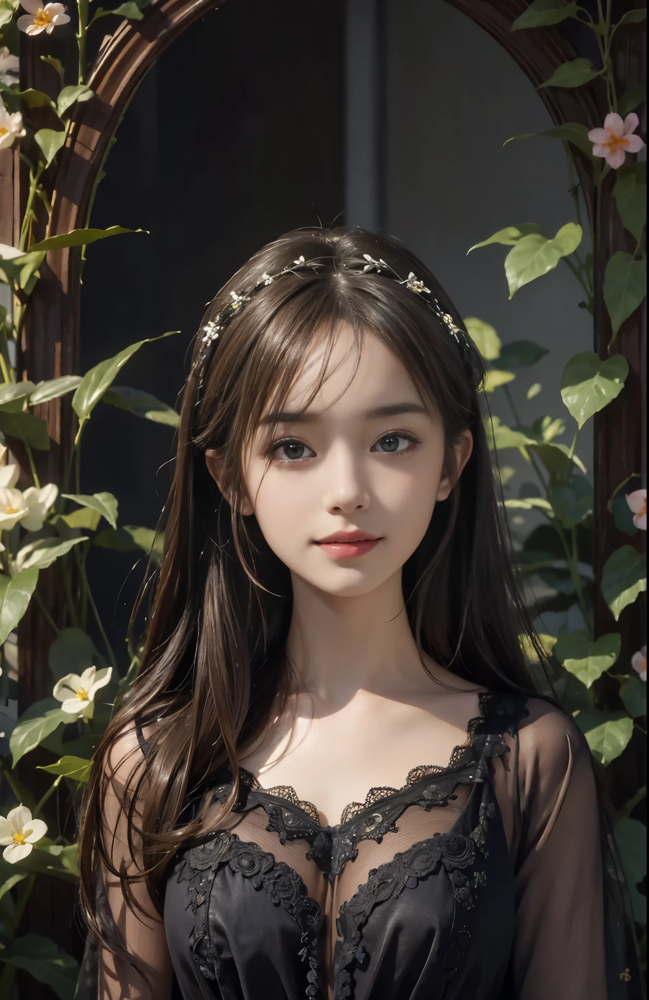 (ultra realistic) , (illustration), (increase resolution), (8K), (extremely detailed), (best illustration), (beautiful detailed eyes), (best quality), (ultra-detailed), (masterpiece),  (wallpaper), (detailed face), solo,1 girl, looking at viewers,  delicate details, detailed faces, in the dark, deep shadow, low key, pureerosfaceace_v1, happy smile, dark summer dress, full body, garden