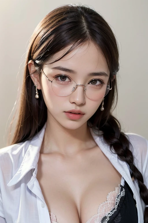 perfect face, (masterpiece, best quality, ultra-detailed, highres, 4k), (beautiful detailed eyes), (Realistic, Photorealistic: 1.37), Ultra Detailed, Soft Light, (1girl), Anatomically correct, ((19 years old beautiful japanese girl)), ((mid-lenght dark hair)), (side braids), ear piercing, (deep-black eyes)), redhead, auburn hair, blush, glossy lips, thin lips, half-open lips, ((realistic skin texture)), medium soft breast, cleavage, thin glasses, pink lace panties, breast squeeze, (open shirt: 1.3)