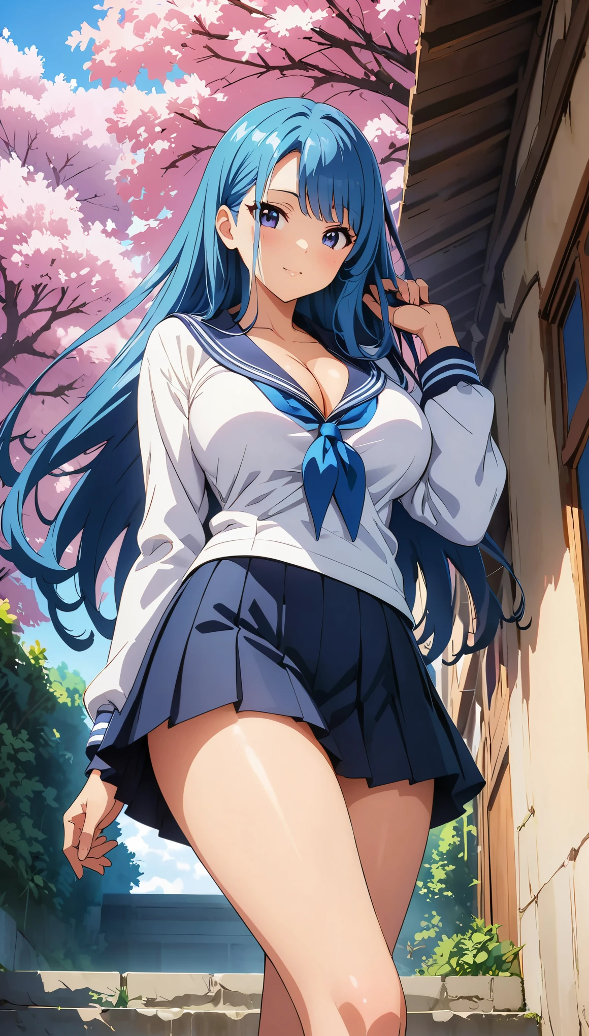 (anime artwork, anime style, studio anime, very detailed, up to date, lively, anime coloring book, high contrast, masterpiece:1.2, highest quality, best aesthetics), woman in sailor suit, pleated skirt, big breasts, Thighs glimpse, blue hair, long straight hair, asymmetrical bangs, perfect proportions, high detail skin, cute, detailed face, low angle shot:1.2, (precise fingertips, Browse 4, Thumb 1),Cherry blossom trees、The wind is blowing、((cleavage、))