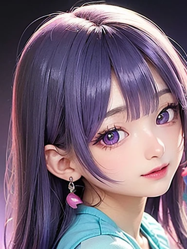 small face、 (alone:1.5,)Super detailed,bright colors, very beautiful detailed anime face and eyes, look straight, shiny_skin,girl, (((rainbow colored hair, colorful hair, Half blue、Half purple hair: 1.2))), 、shiny hair, delicate beautiful face, blush、Glasses、(turquoise eyes), , Valletta, earrings,、flower garden、sunset、(((Translucent shirt)))、(twin tails)、(smile、happy face、face dyed red)、cheerful pose、dynamic、Upper body