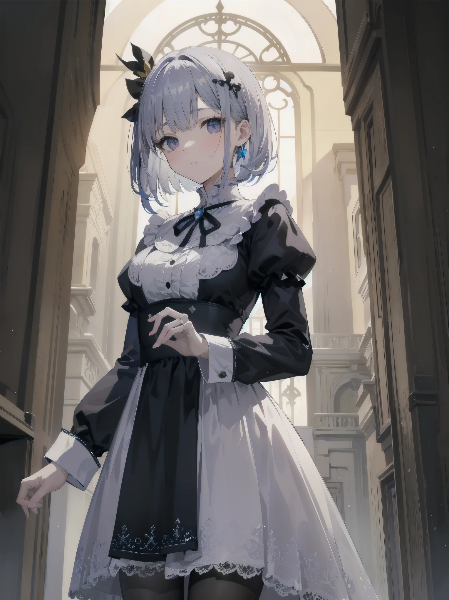  bride: wedding ring shining on ring finger Fusion of medieval European fashion Emphasis on elements of cuteness and adoration Posed illustration of the overwhelming cuteness of the character in the foreground Overwhelming architectural and cityscape background Ultra-detailed, rich, contemporary interpretation of medieval Europe and fantasy world Realistic textures, Professional artistic shading and light sources, scene-like cinematography and effects, depth of subject One beautiful girl, super cute, bob cut, side ponytail, perfect anatomy 
Colours: pastel, white, pale purple, blue, gingham check 
Materials: chiffon, lace, satin, velvet, etc. Silhouette: fluffy skirt, A-line, long length 
Decoration: frills, ribbons, lace, pearls, embroidery etc. Coordinates Romantic princess: pastel dress, lace blouse, fluffy skirt, ribbon hair accessory, black tights Add accessories and accessories to personalise.