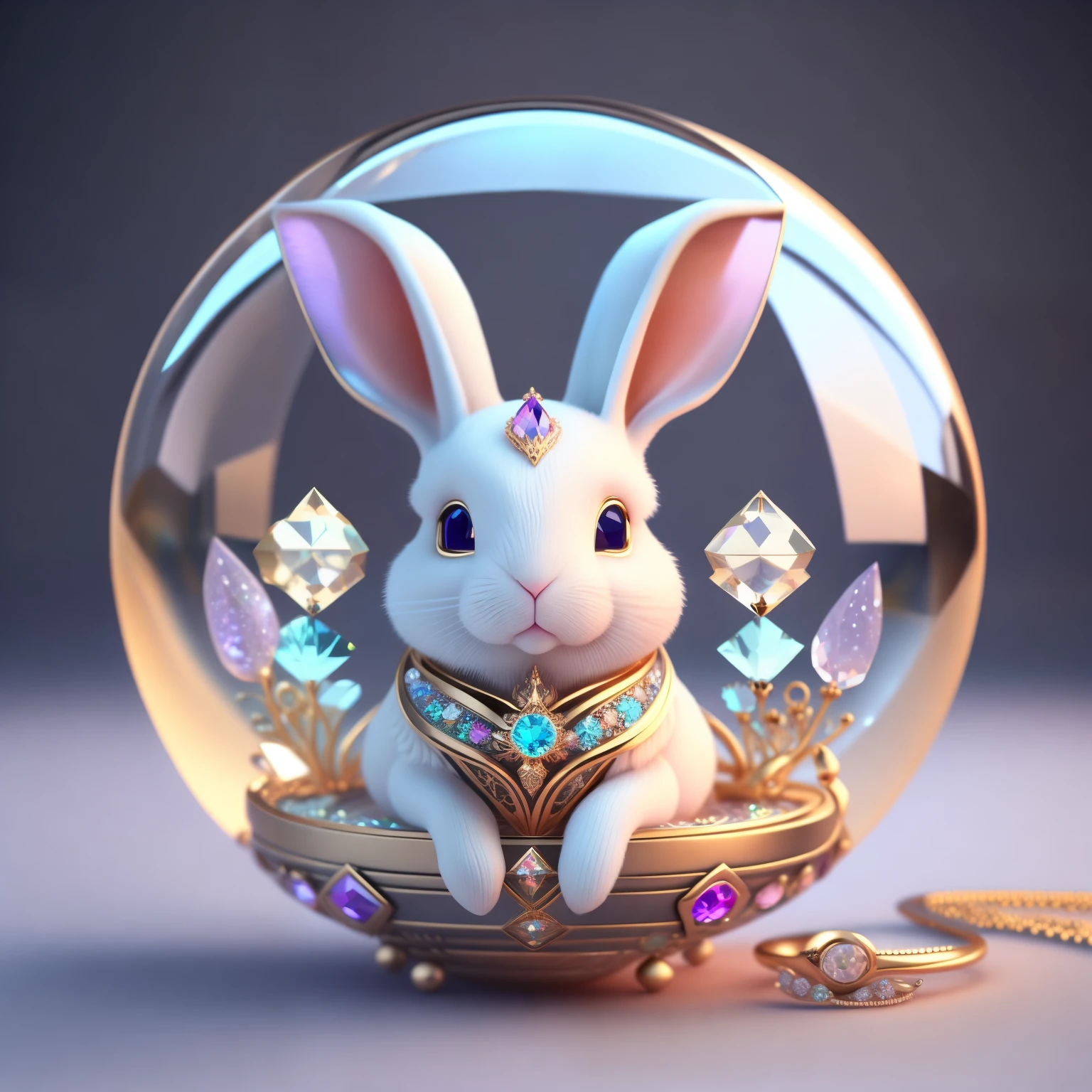 Cute crystal ball zodiac rabbit,Embellished with various jewelry pieces and low-poly eye designs, is a highly detailed and complex concept art piece using Artstation 8k quality.