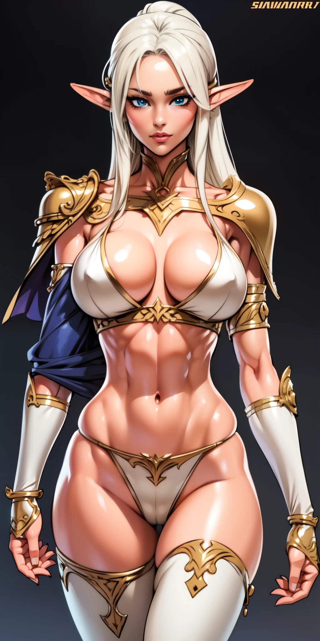 extremely long hair , ponytail, perfect anatomy 1 girl tall solo, slim thick, ((muscular)) high elf toned body, silver breast plate, blue cape, slendered abs, hourglass waist, detailed face, defined cheekbones, puffy lips, gauntlets, gold crown, shadow over eyes, looking at viewer, masterpiece, white thigh highs lingerie,
