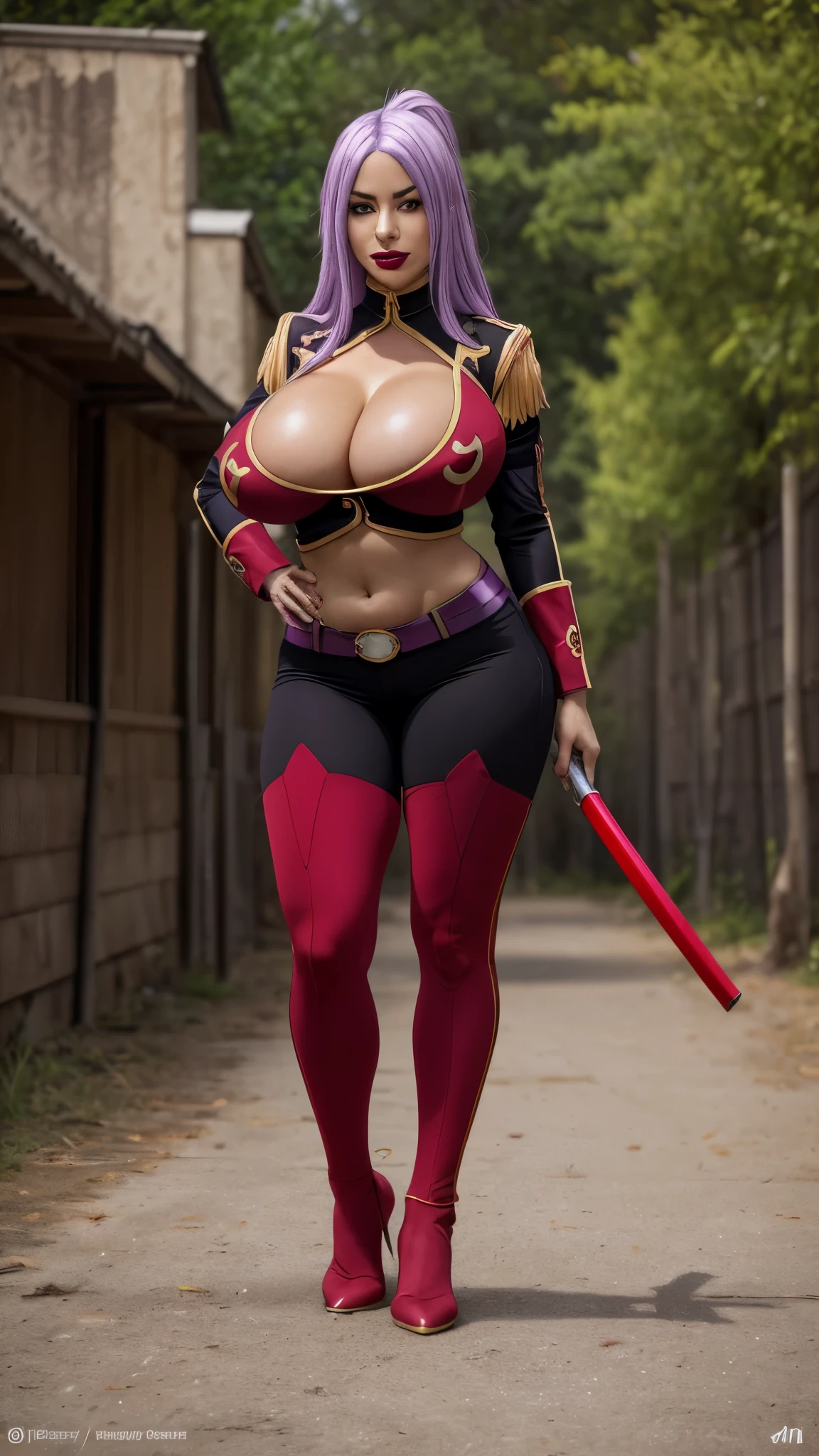 ANIME_Dragonaut_GarnetMclane_ownwaifu,
1girl, long hair, dark skin,  breasts, dark-skinned female, purple hair,  hair over one eye, large breasts, lipstick, makeup, huge breasts, ponytail, green eyes, navel, lips, thick thighs, light purple hair,
cleavage, midriff,  cleavage cutout, clothing cutout, weapon, epaulettes, thighhighs, uniform, military, pants, military uniform,
((masterpiece)),((best quality)),(highres, absurdres), original, official_art, looking at viewer, solo, focused, outdoors, day, cowboy shot,