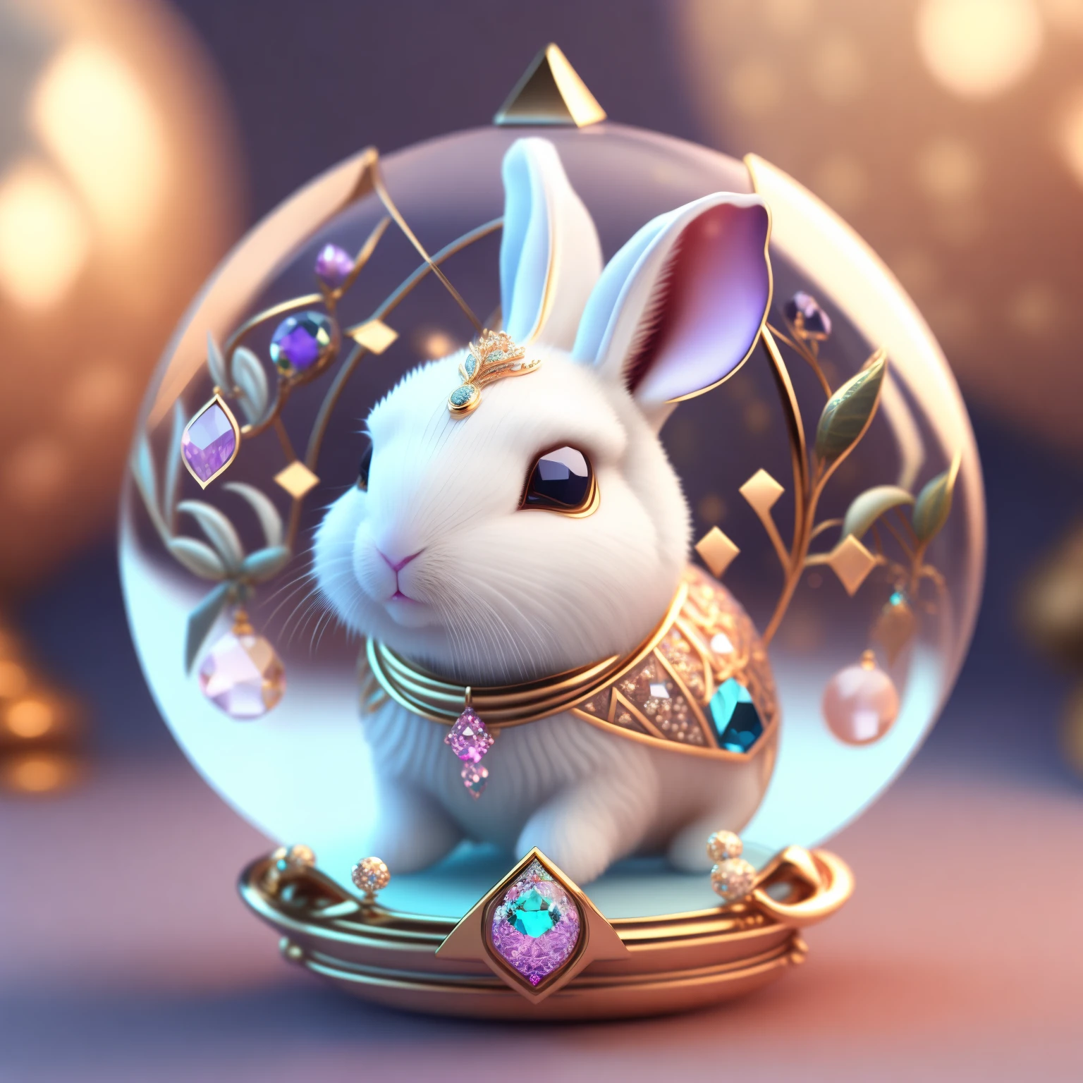 Cute crystal ball zodiac rabbit,Embellished with various jewelry pieces and low-poly eye designs, is a highly detailed and complex concept art piece using Artstation 8k quality.