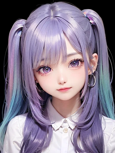 small face、 (alone:1.5,)Super detailed,bright colors, very beautiful detailed anime face and eyes, look straight, shiny_skin,girl, (((rainbow colored hair, colorful hair, Half blue、Half purple hair: 1.2))), 、shiny hair, delicate beautiful face, blush、Glasses、(turquoise eyes), , Valletta, earrings,、flower garden、sunset、(((Translucent shirt)))、(twin tails)、(smile、happy face、face dyed red)、cheerful pose、dynamic、Upper body