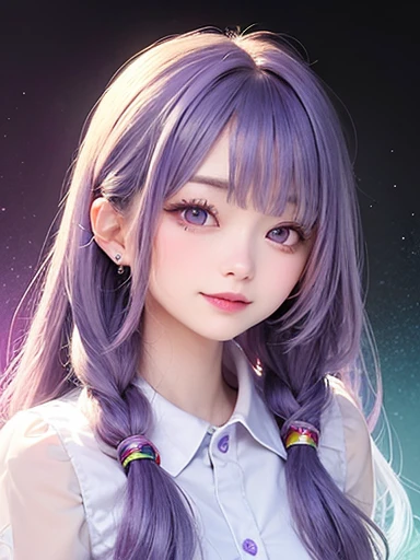 small face、 (alone:1.5,)Super detailed,bright colors, very beautiful detailed anime face and eyes, look straight,  shiny_skin,girl, (((rainbow colored hair, colorful hair, Half blue、Half purple hair: 1.2))), 、shiny hair, delicate beautiful face, blush、Glasses、(turquoise eyes), , Valletta, earrings,、flower garden、sunset、(（(Translucent shirt)))、（twin tails）、（smile、happy face、face dyed red）、cheerful pose、dynamic、Upper body