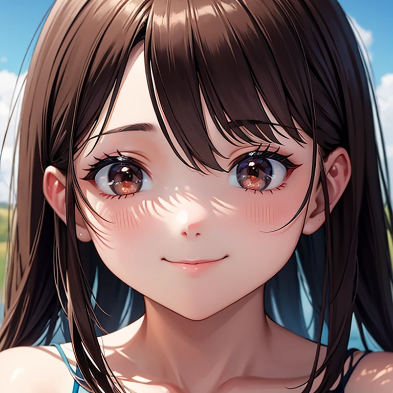 masterpiece, rich colors, Best quality, detailed, high resolution, Hyper quality, high detail, , High quality, detailing, skinny sexy girl on the beach , bright lighting , Brown eyes, anime, palm trees, bright lighting,