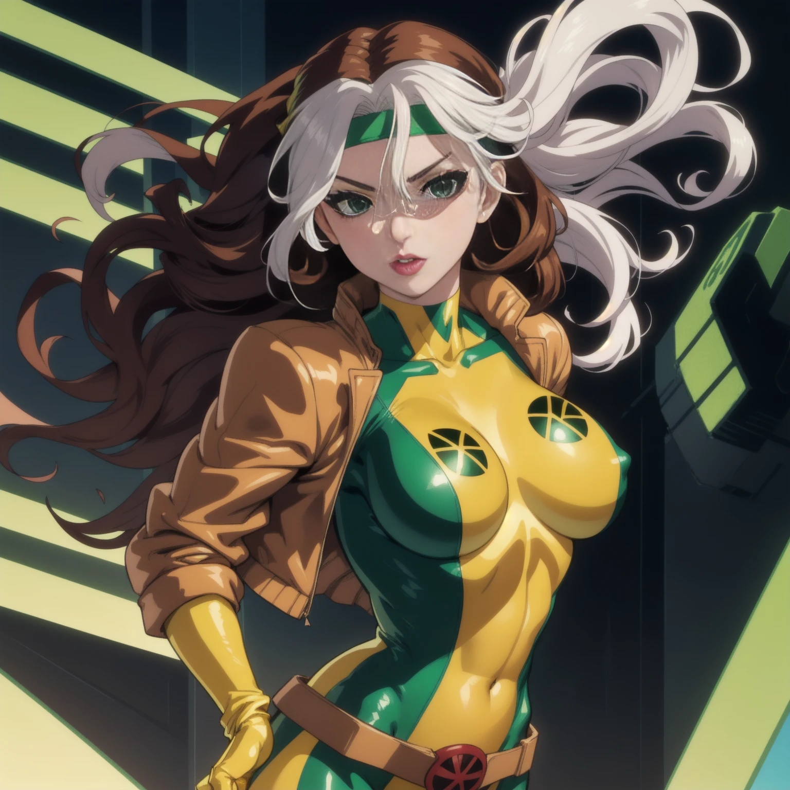 CARTOON_X_MENs_Rogue,ownwaifu, long hair,breasts,brown hair,green eyes,lipstick,makeup,lips,white hair,two-tone hair,headband,wavy hair,large breasts,messy hair,curly hair,big_hair, yellow bodysuit,jacket,gloves,belt,yellow gloves,green bodysuit,bodysuit,multicolored bodysuit,superhero, skin tight,multicolored clothes, 1girl, solo, looking at viewer,straight-on, upper body, official art, highres, scenery, (masterpiece:1.1), (best quality,:1.1), (high quality:1.1), (anime screencap:1.2), cameltoe, (very tigth clothes detailing breasts niples and shaved pussy):2, full body perspective view.