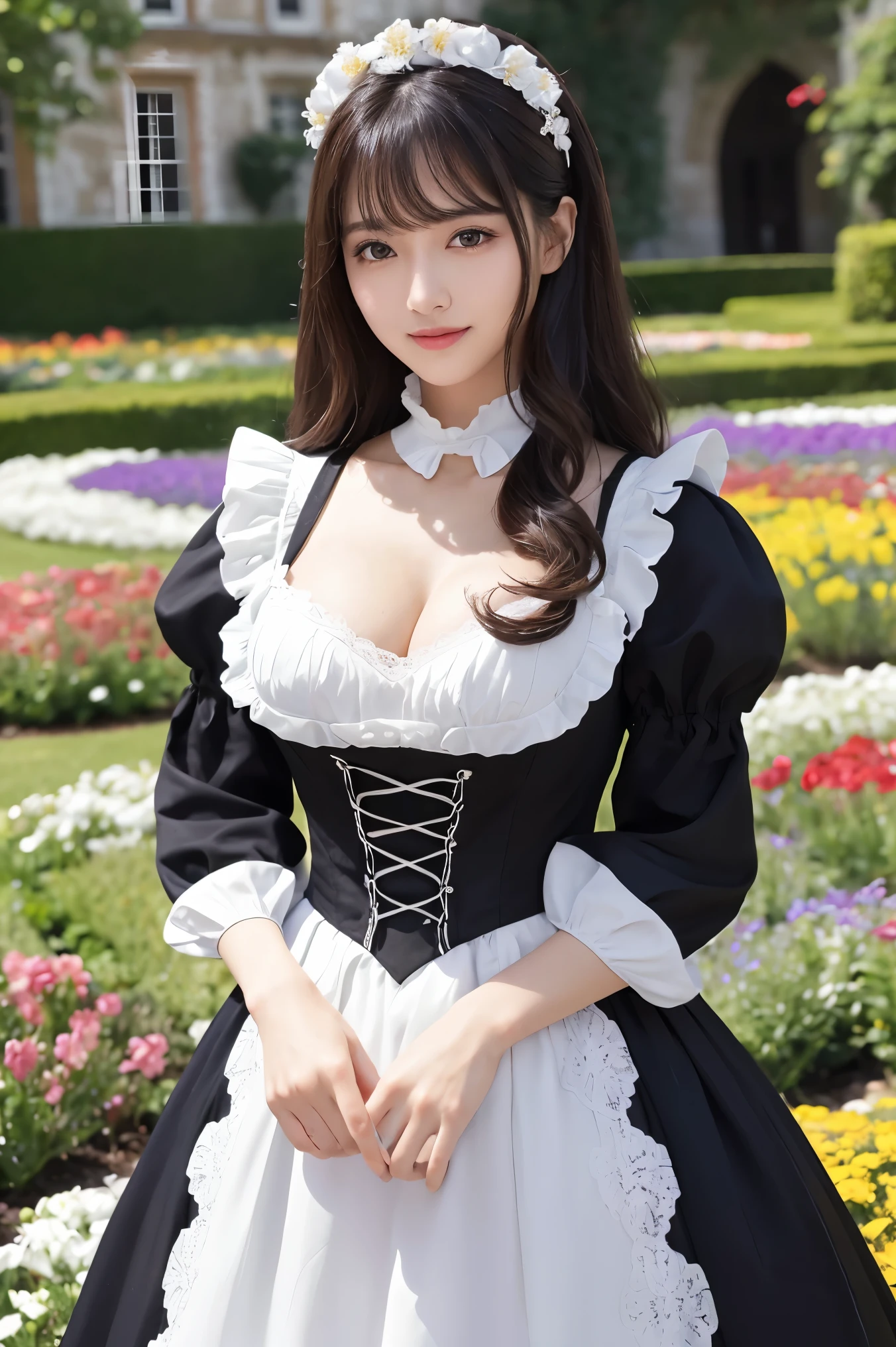 (highest quality、masterpiece、ultra high resolution、the most complex and detailed depiction、Award history、8K)、(1 beautiful maid)、(Gorgeous Victorian black and white maid dress、Black and white maid dresses、Frilled maid outfit with large apron)、(The background is a castle and a flower garden:1.1)、(The most magnificent exteriors of medieval European castles:1.2)、Detailed and intricate castle、(Huge and majestic castle exterior:1.2)、beautiful flower garden、Colorful and bright flower fields、walk in a flower garden、Walking surrounded by flowers、Very complex and detailed background、highly complex and detailed textures、Very intricate and detailed hairstyle、accurate anatomy、emphasize body line、big and full breasts、Beautiful cleavage with a nice shape、smile looking at me、ultra high resolutionの顔、ultra high definition hair、Ultra high definition glossy skin、(ultra high resolutionの完璧な歯:1.1)、Ultra high definition eyes、(Beautiful skin that shines very brightly:1.1)、(very bright and vivid:1.1)、blurred background