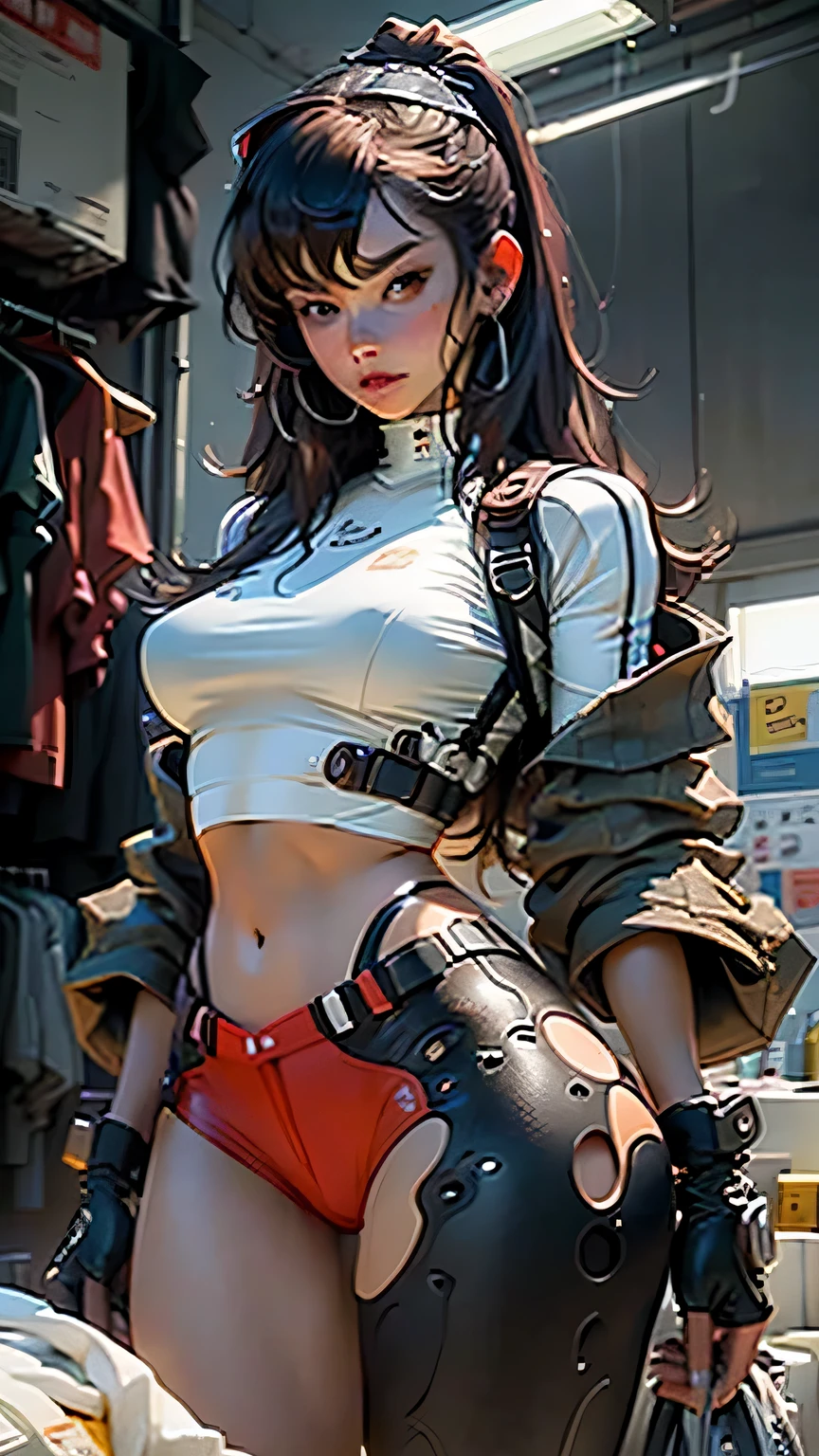 wearing leather jacket　cyberpunked、girl with　A smile、、beautiful a girl、top-quality、​masterpiece、high-definition picture、Colossal tits、hyperdetailed face、blue eyess、Leather pants、a beauty girl、real looking skin、Beautie