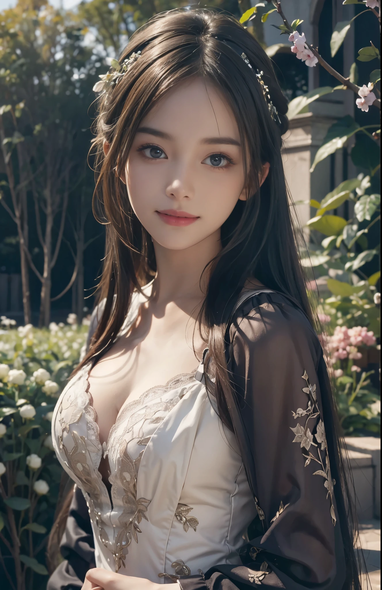 (ultra realistic) , (illustration), (increase resolution), (8K), (extremely detailed), (best illustration), (beautiful detailed eyes), (best quality), (ultra-detailed), (masterpiece), (wallpaper), (detailed face), solo,1 girl, looking at viewers, delicate details, detailed faces, in the dark, deep shadow, low key, pureerosfaceace_v1, happy smile, dark summer dress, full body, garden