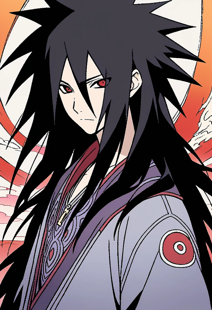 1boy, Madara Uchiha, Naruto, One of the most powerful and legendary villains in the Naruto universe, known for his mastery of the Sharingan and his role in founding the Hidden Leaf Village, (masterpiece), (best quality), (ultra-detailed), very aesthetic, illustration, disheveled hair, perfect composition, moist skin, intricate details, anime artwork, anime style, key visual, vibrant, studio anime, highly detailed, Anime line art, lineart, line art, flat colors, flat color