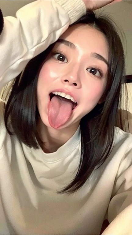 Japanese woman beautiful girl baby face top quality realistic skin eyes are in focus 20 years old stick out tongue focus on mouth open mouth long tongue saliva open mouth wide see inside of mouth open mouth and stick out tongue 