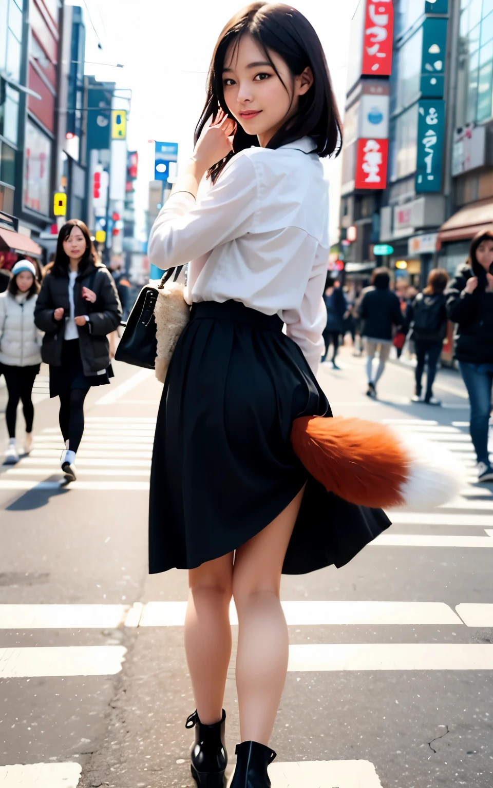 A realistic illustration of a young woman walking in front of the user. A fox tail is sticking under her skirt. She suddenly stops, turns around and looks at her tail with a surprised expression on her face.At Tokyo street.
