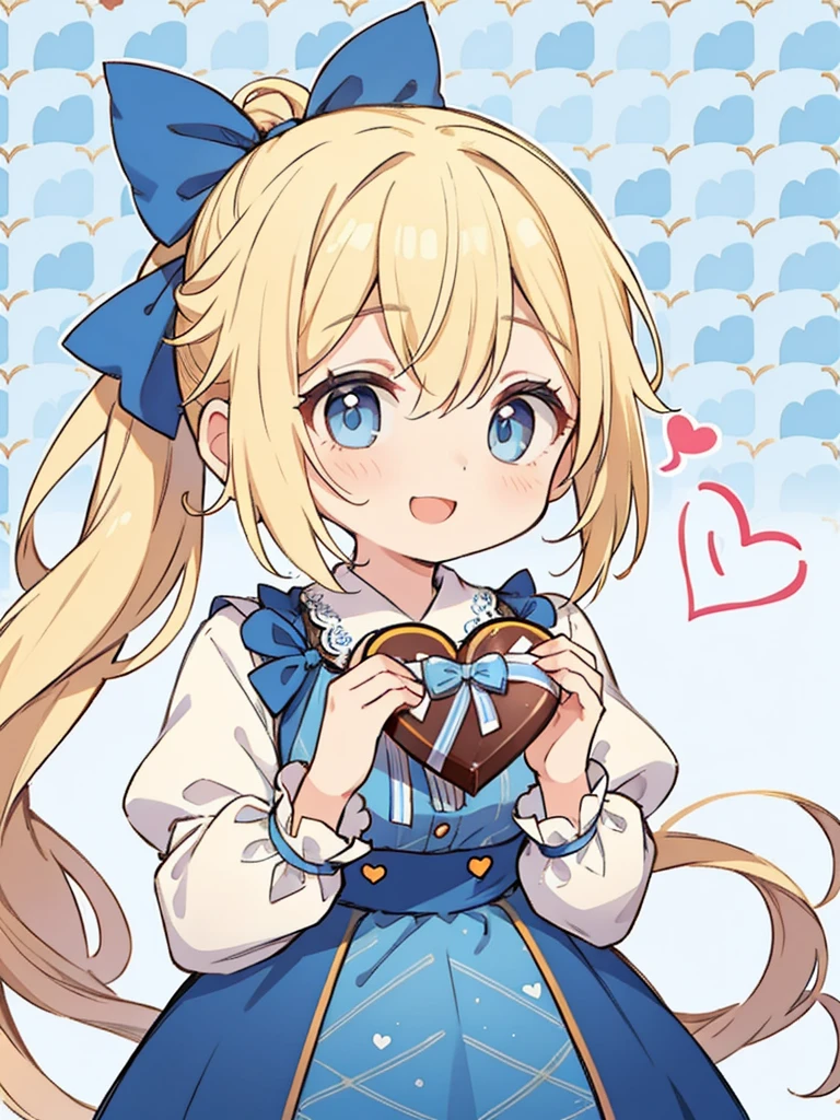 1girl、((blonde:1.3))、((Hair tied around the temporal lobe:1.2))、(((side ponytail:1.2)))、((The end of the ponytail is fluffy))、((BREAK))、((blue eyes:1.2))、(beautiful eyes)、((big blue ribbon in hair knot:1.35))、(Voluminous long-sleeved dress with lace)、(A shy yet triumphant look)、((BREAK))、(((Valentine)))、((holding a large wrapped chocolate in his hand:1.15))、chocolate present、((BREAK))、((Heart line pattern background:1.35))、close up of face、smile