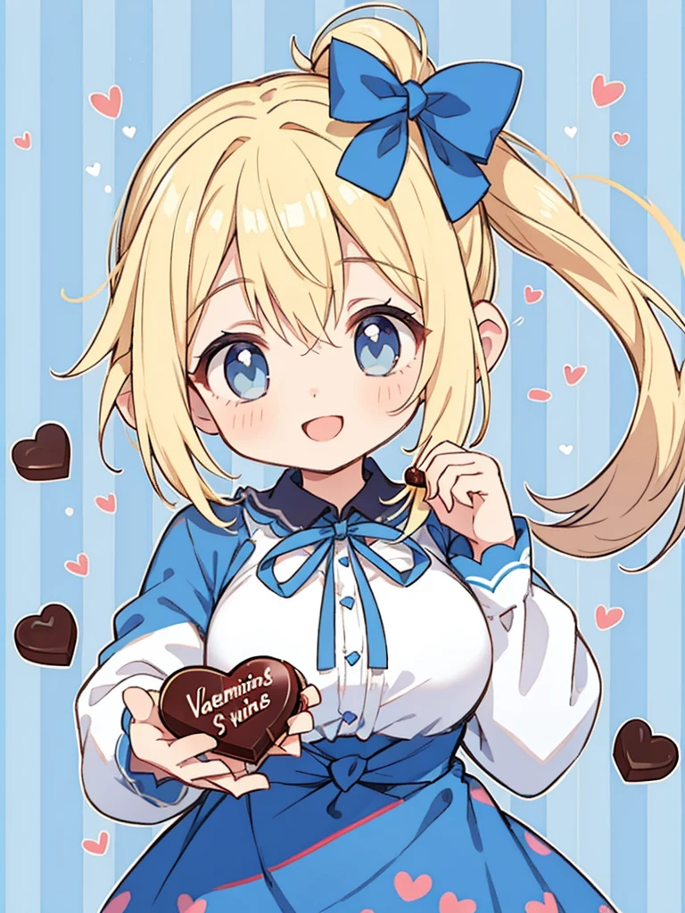 1girl、((blonde:1.3))、((Hair tied around the temporal lobe:1.2))、(((side ponytail:1.2)))、((The end of the ponytail is fluffy))、((BREAK))、((blue eyes:1.2))、(beautiful eyes)、((big blue ribbon in hair knot:1.35))、(Voluminous long-sleeved dress with lace)、(A shy yet triumphant look)、((BREAK))、(((Valentine)))、((holding a large wrapped chocolate in his hand:1.15))、chocolate present、((BREAK))、((Heart line pattern background:1.35))、close up of face、smile