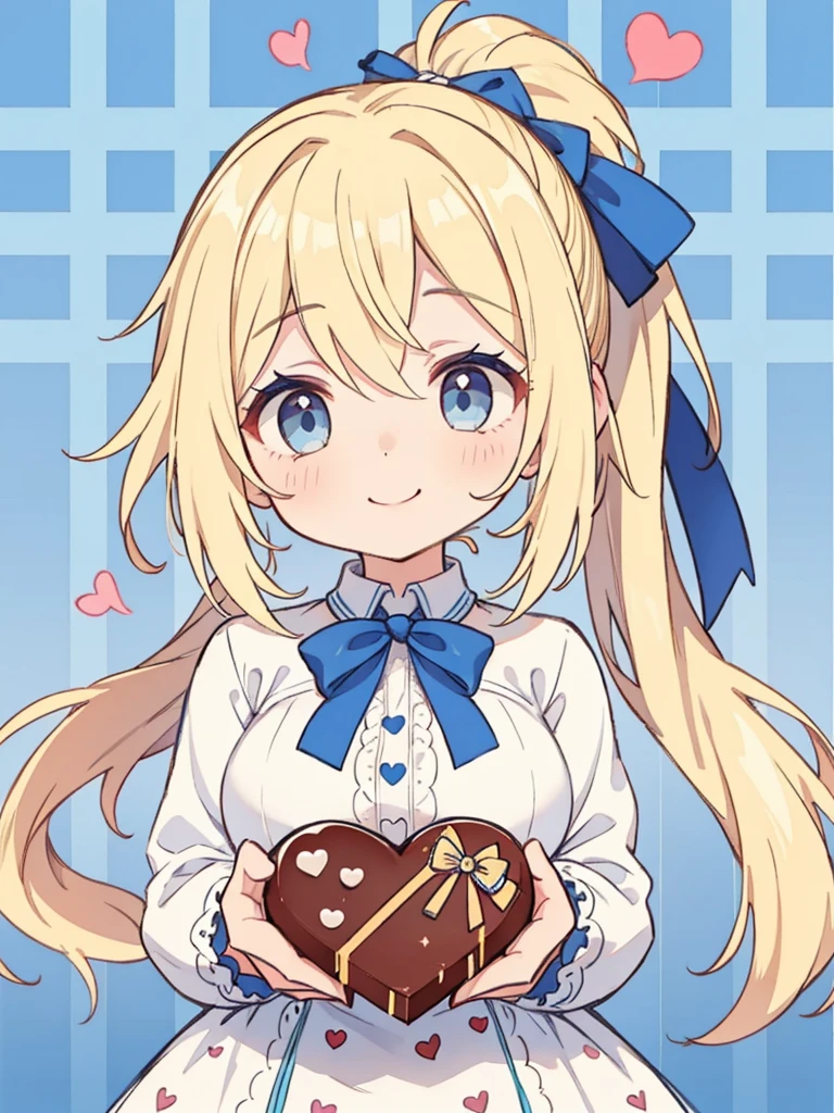 1girl、((blonde:1.3))、((Hair tied around the temporal lobe:1.2))、(((side ponytail:1.2)))、((The end of the ponytail is fluffy))、((BREAK))、((blue eyes:1.2))、(beautiful eyes)、((big blue ribbon in hair knot:1.35))、(Voluminous long-sleeved dress with lace)、(A shy yet triumphant look)、((BREAK))、(((Valentine)))、((holding a large wrapped chocolate in his hand:1.15))、chocolate present、((BREAK))、((Heart line pattern background:1.35))、close up of face、smile