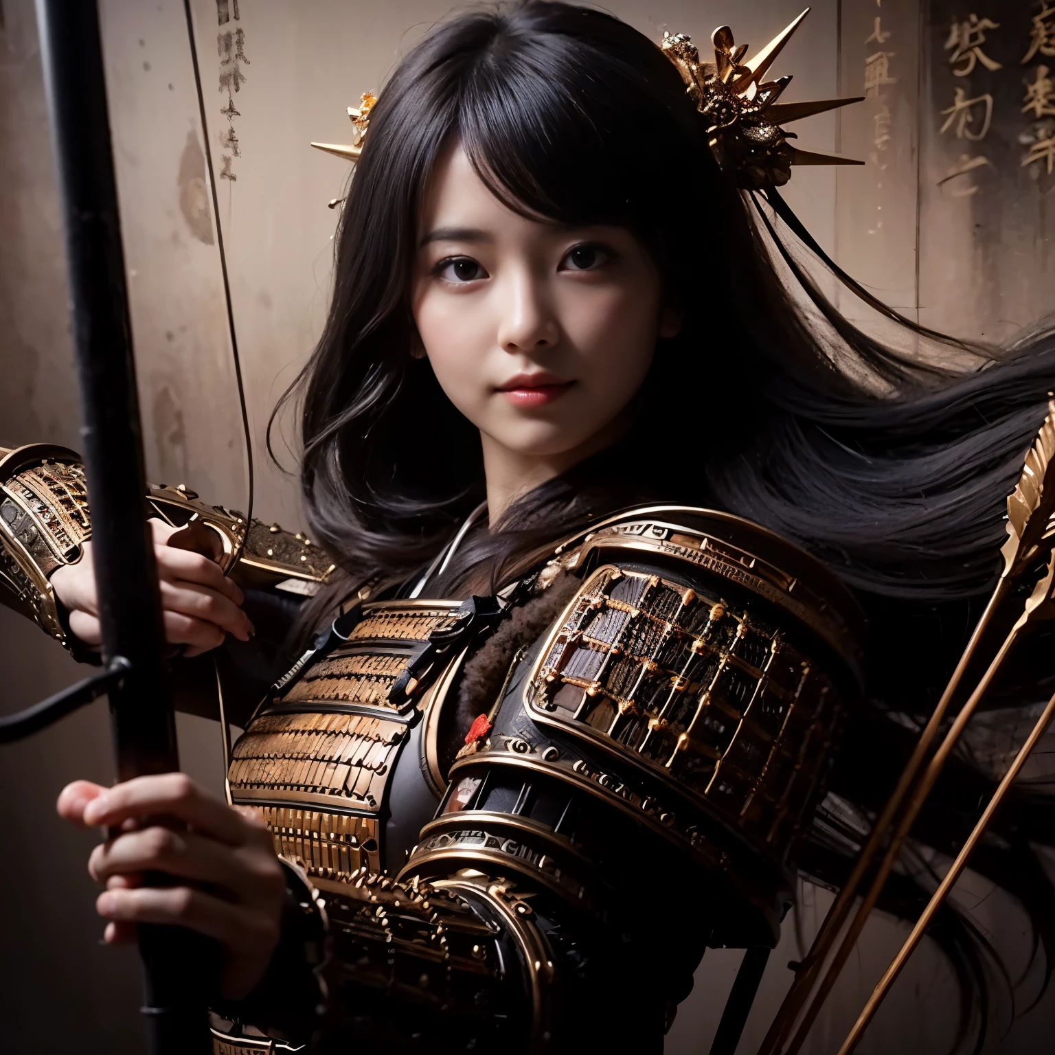 (best quality, highres, masterpiece:1.2), ultra-detailed, realistic:1.37, HDR, professional, sharp focus, vivid colors, bokeh, portraits, black gal, mesh colored hair, samurai armor, traditional bow, beautiful girl, straight hair, black hair Don't wear a cell phone,field、sunrise、beautiful nature、Avoid exposure、Bare skin、smile、bright look、Gentle model、Be quick on your feet、elegance、I feel feminine、The background features Japanese elements such as temples and gardens.、Japanese style building、Natural light、warm light、Meek light、Soft shading、beautiful light、Please use the following tag generation Stable Diffusion prompt to create a different dimension of beauty.:
(best quality, highres, masterpiece:1.2), ultra-detailed, realistic:1.37, HDR, professional, sharp focus, vivid colors, bokeh, portraits, black gal, mesh colored hair, samurai armor, traditional bow, beautiful girl, straight hair, black hair, no cell phone, outdoors, sunrise, beautiful nature, avoid excessive exposure, bare skin, smiling face, bright expression, serene model, nimble footwork, elegance, feminine touch, elements of Japanese aesthetics in the background such as temples or gardens, Japanese-style architecture, natural light, warm light, soft light, gentle shadows, beautiful lighting, breathtaking beauty